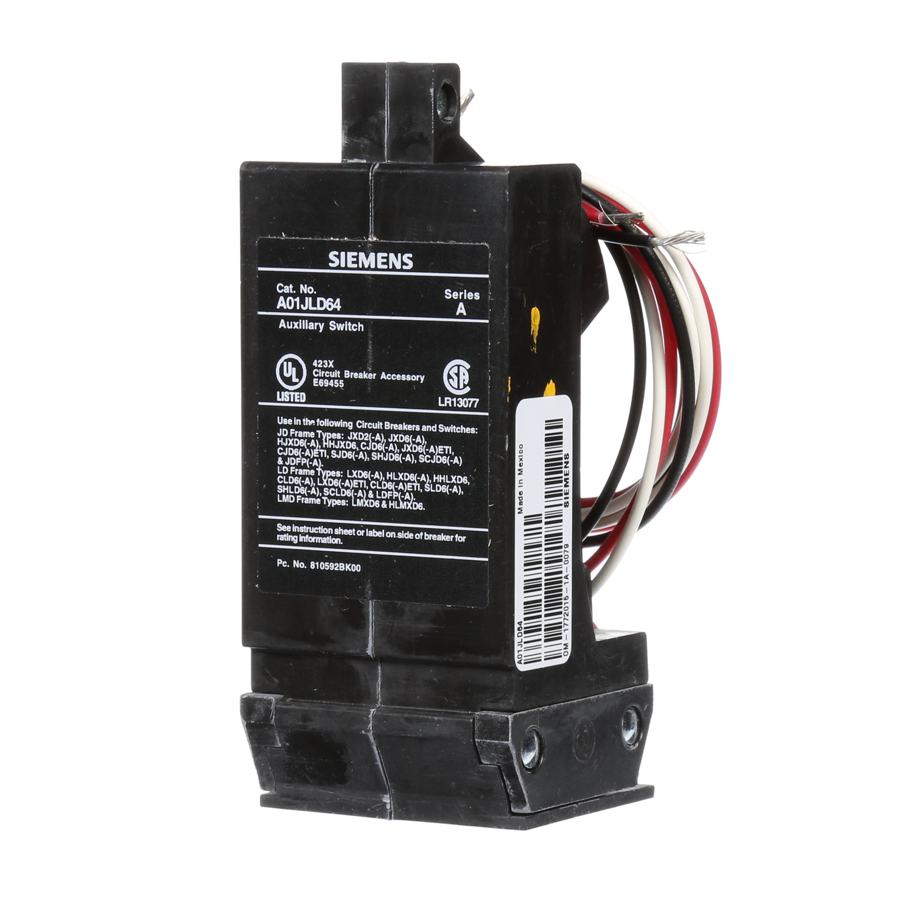 SIEMENS LOW VOLTAGE SENTRON MOLDED CASE CIRCUIT BREAKER INTERNAL ACCESSORY. FORM C 480 VAC AUXILIARY SWITCH (1NO / 1NC). SUITS JD / LD / LMD FRAME BREAKERS.