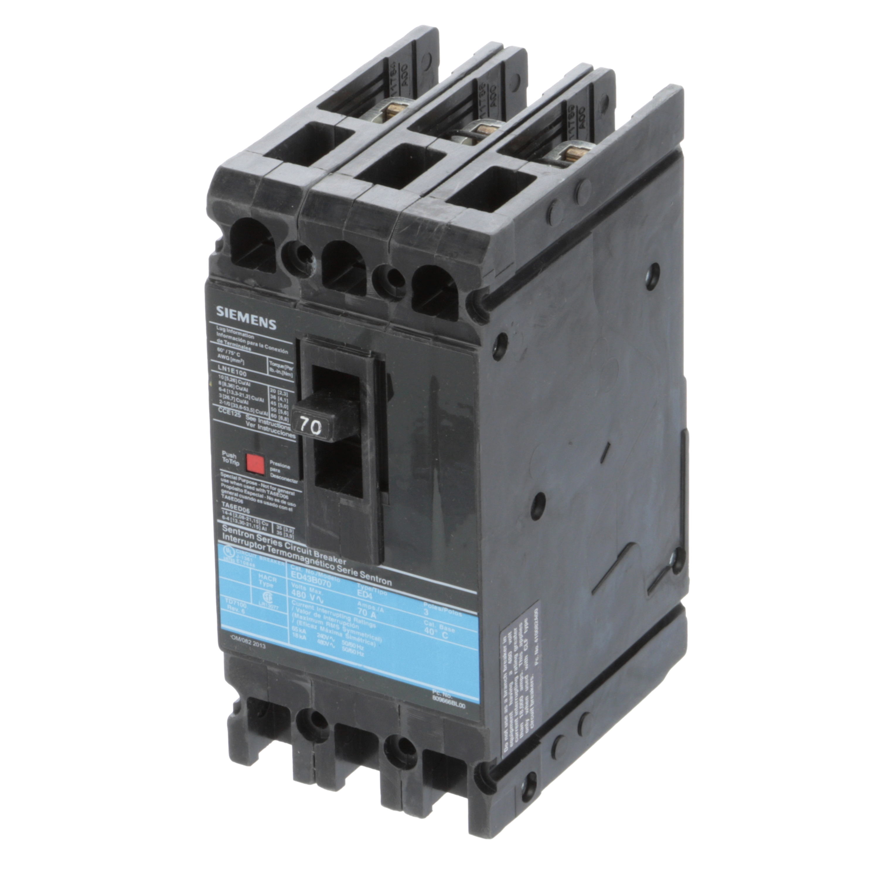 SIEMENS LOW VOLTAGE SENTRON MOLDED CASE CIRCUIT BREAKER WITH THERMAL - MAGNETICTRIP UNIT. STANDARD 40 DEG C BREAKER ED FRAME WITH STANDARD BREAKING CAPACITY. 70A 3-POLE (18KAIC AT 480V). NON-INTERCHANGEABLE TRIP UNIT. SPECIAL FEATURES LINE AND LOAD SIDE LUGS (LN1E100) WIRE RANGE 10 - 1/0AWG (CU/AL). DIMENSIONS (W x Hx D) IN 3.00 x 6.4 x 3.92.