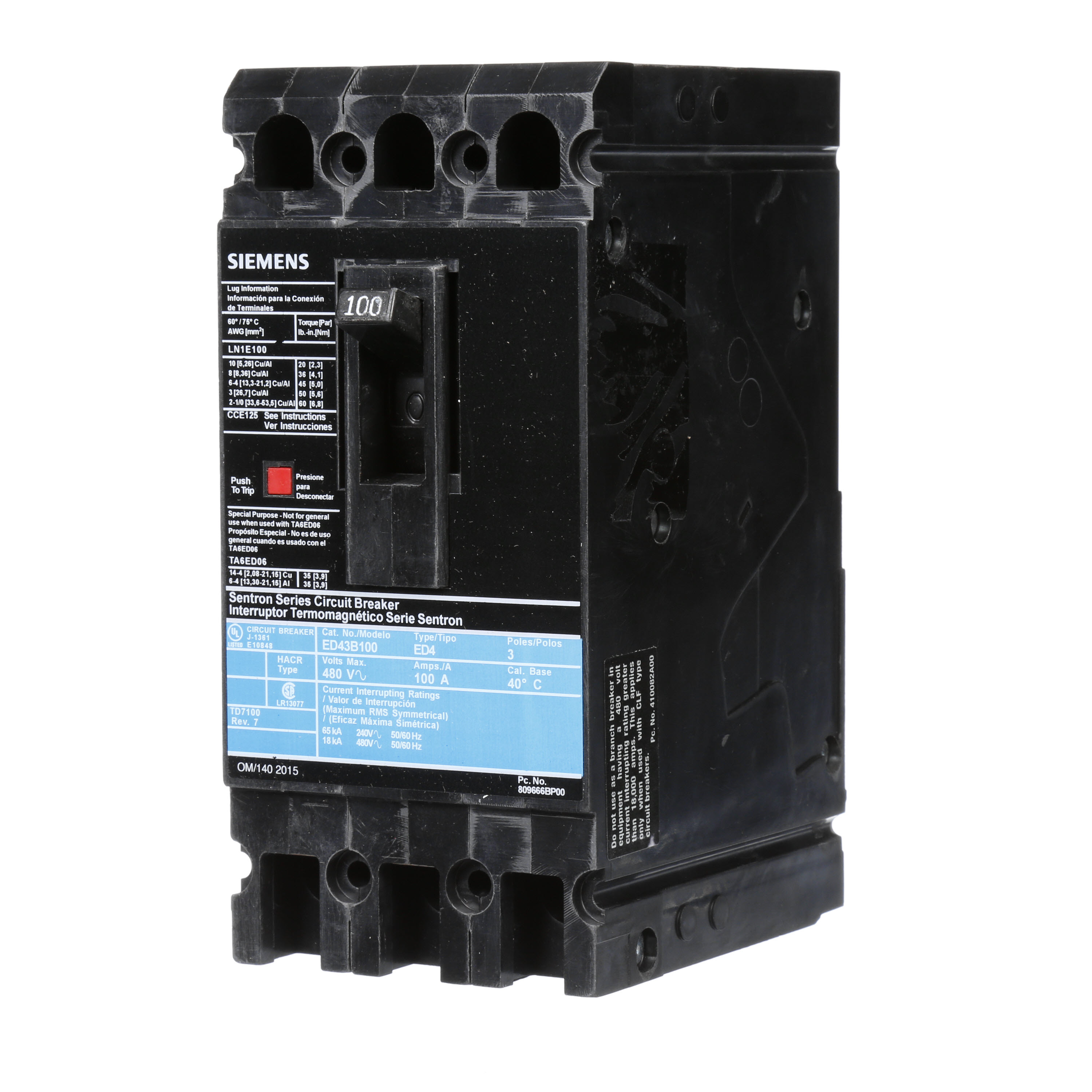SIEMENS LOW VOLTAGE SENTRON MOLDED CASE CIRCUIT BREAKER WITH THERMAL - MAGNETICTRIP UNIT. STANDARD 40 DEG C BREAKER ED FRAME WITH STANDARD BREAKING CAPACITY. 100A 3-POLE (18KAIC AT 480V). NON-INTERCHANGEABLE TRIP UNIT. SPECIAL FEATURES LINE AND LOAD SIDE LUGS (LN1E100) WIRE RANGE 10 - 1/0AWG (CU/AL). DIMENSIONS (W x H x D) IN 3.00 x 6.4 x 3.92.