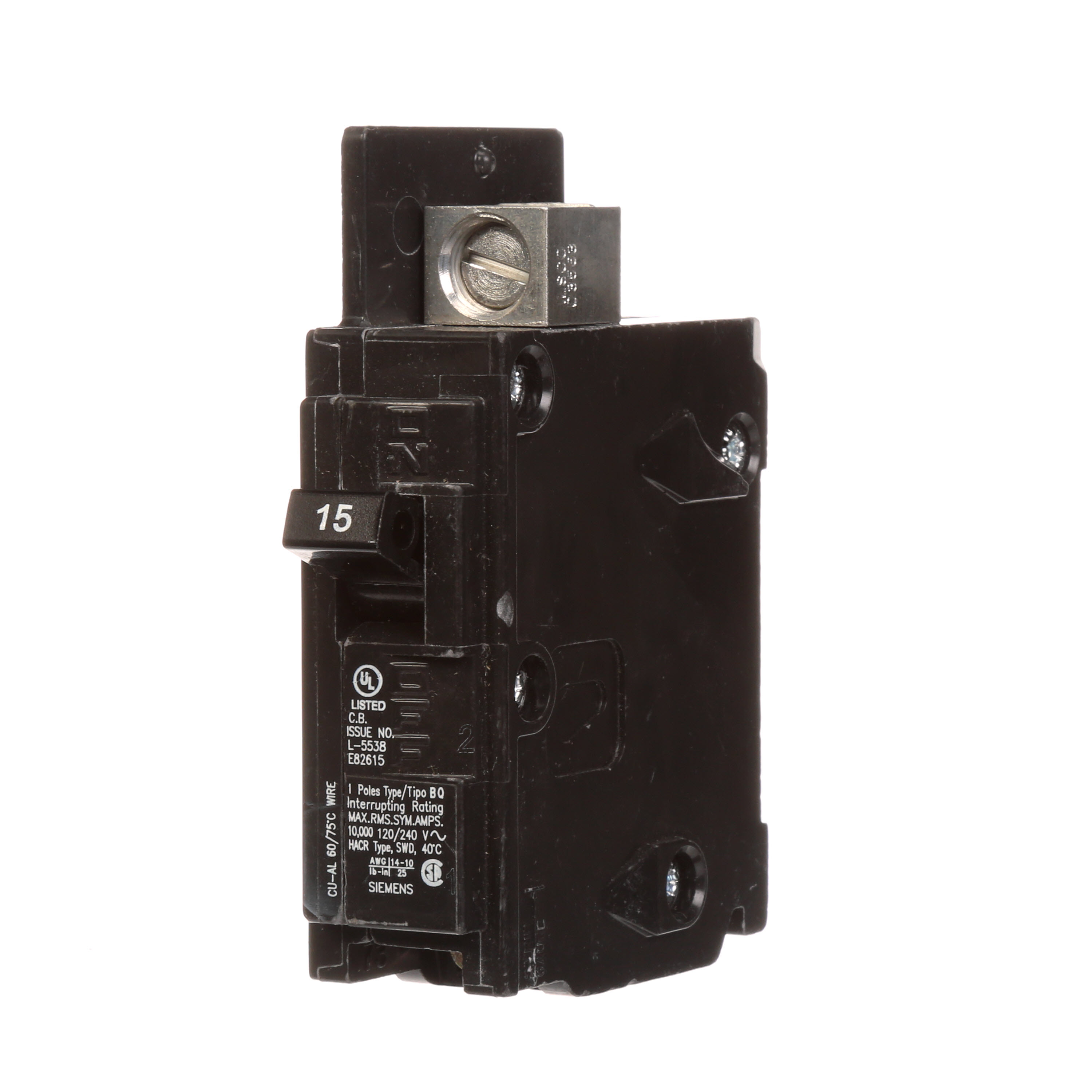Siemens Low Voltage Molded Case Circuit Breakers General Purpose MCCBs are Circuit Protection Molded Case Circuit Breakers. 1-Pole circuit breaker type BQ. Rated 120V (015A) (AIR 10 kA). Special features line side lugs included. Note Load side lugs are included.