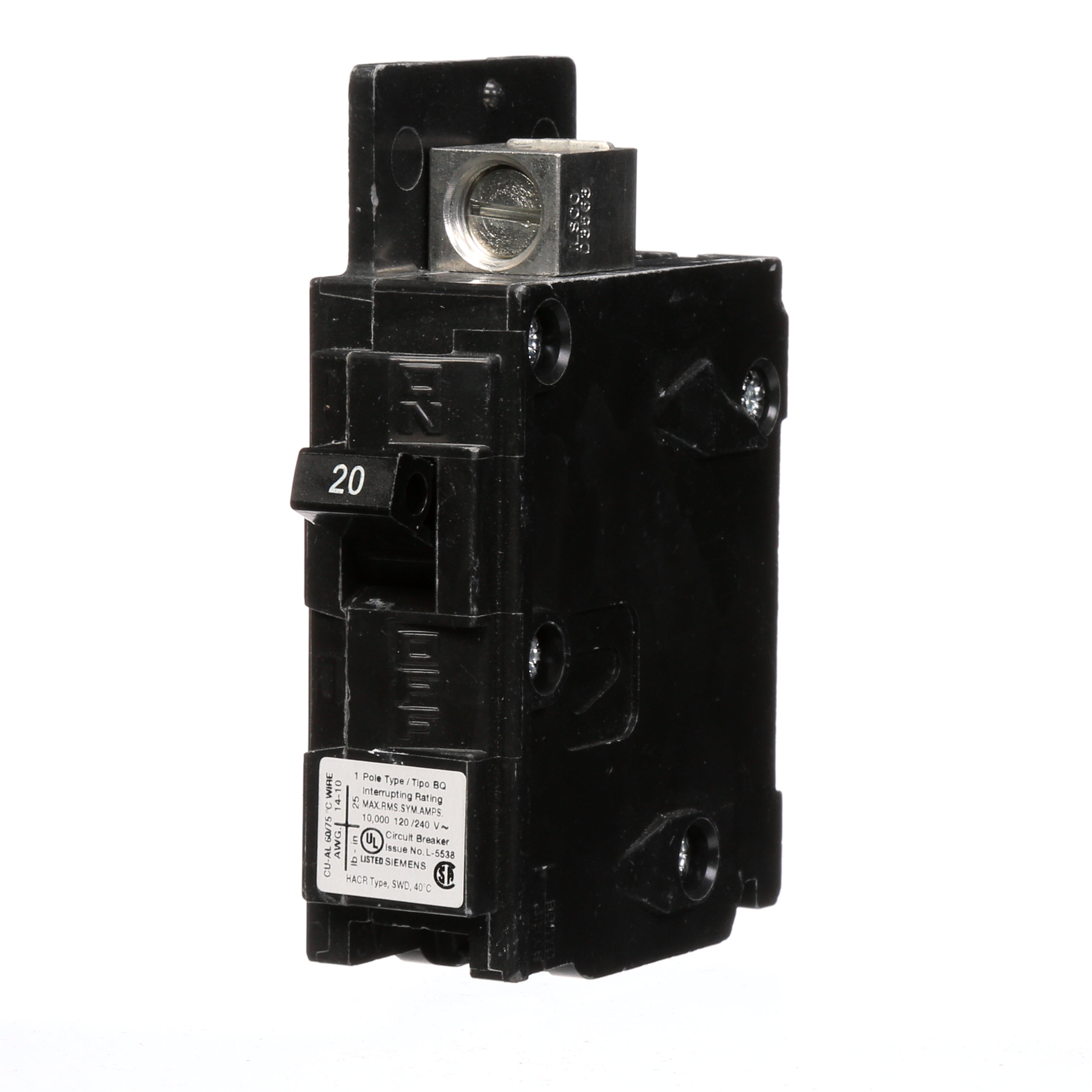 Siemens Low Voltage Molded Case Circuit Breakers General Purpose MCCBs are Circuit Protection Molded Case Circuit Breakers. 1-Pole circuit breaker type BQ. Rated 120V (020A) (AIR 10 kA). Special features line side lugs included. Note Load side lugs are included.