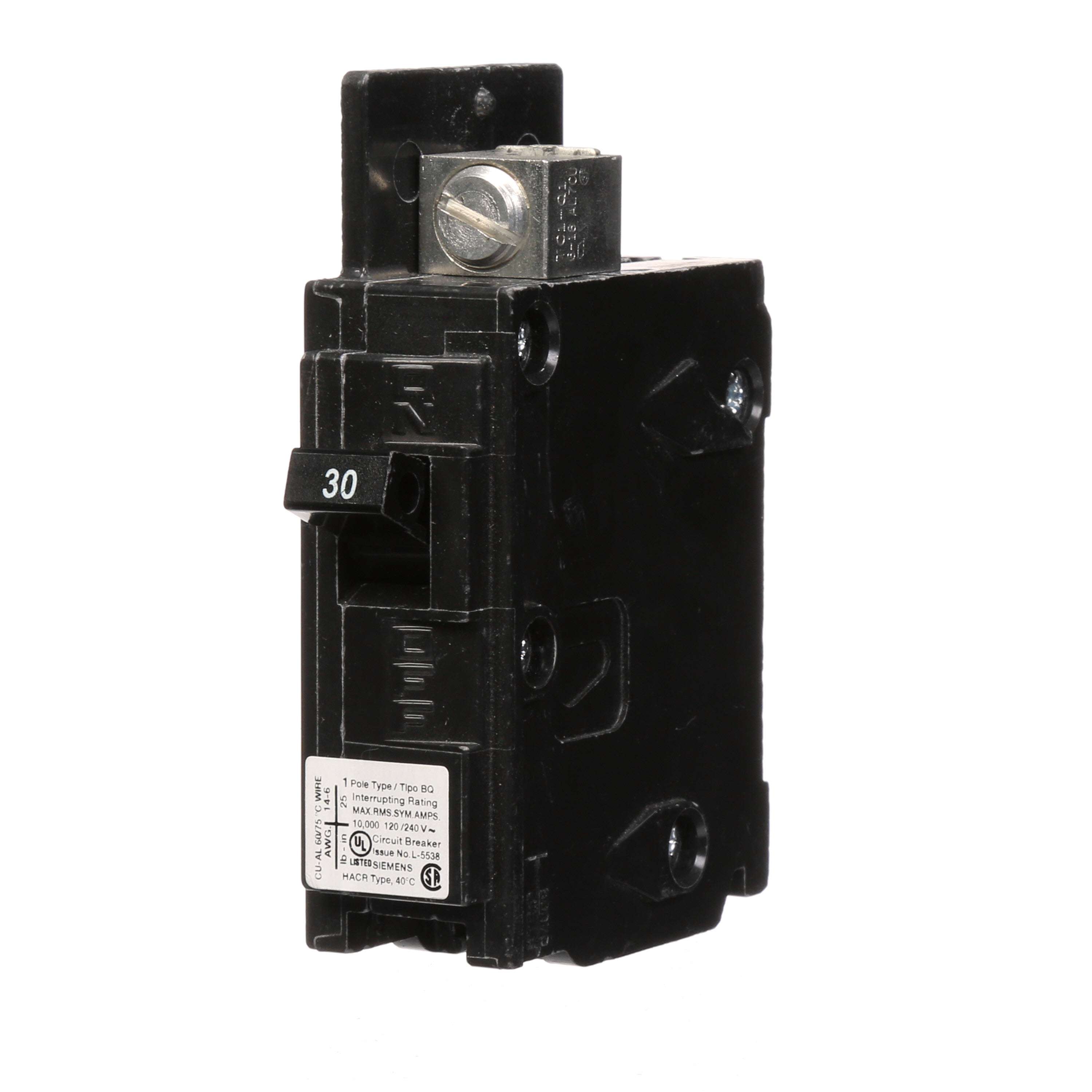 Siemens Low Voltage Molded Case Circuit Breakers General Purpose MCCBs are Circuit Protection Molded Case Circuit Breakers. 1-Pole circuit breaker type BQ. Rated 120V (030A) (AIR 10 kA). Special features line side lugs included. Note Load side lugs are included.