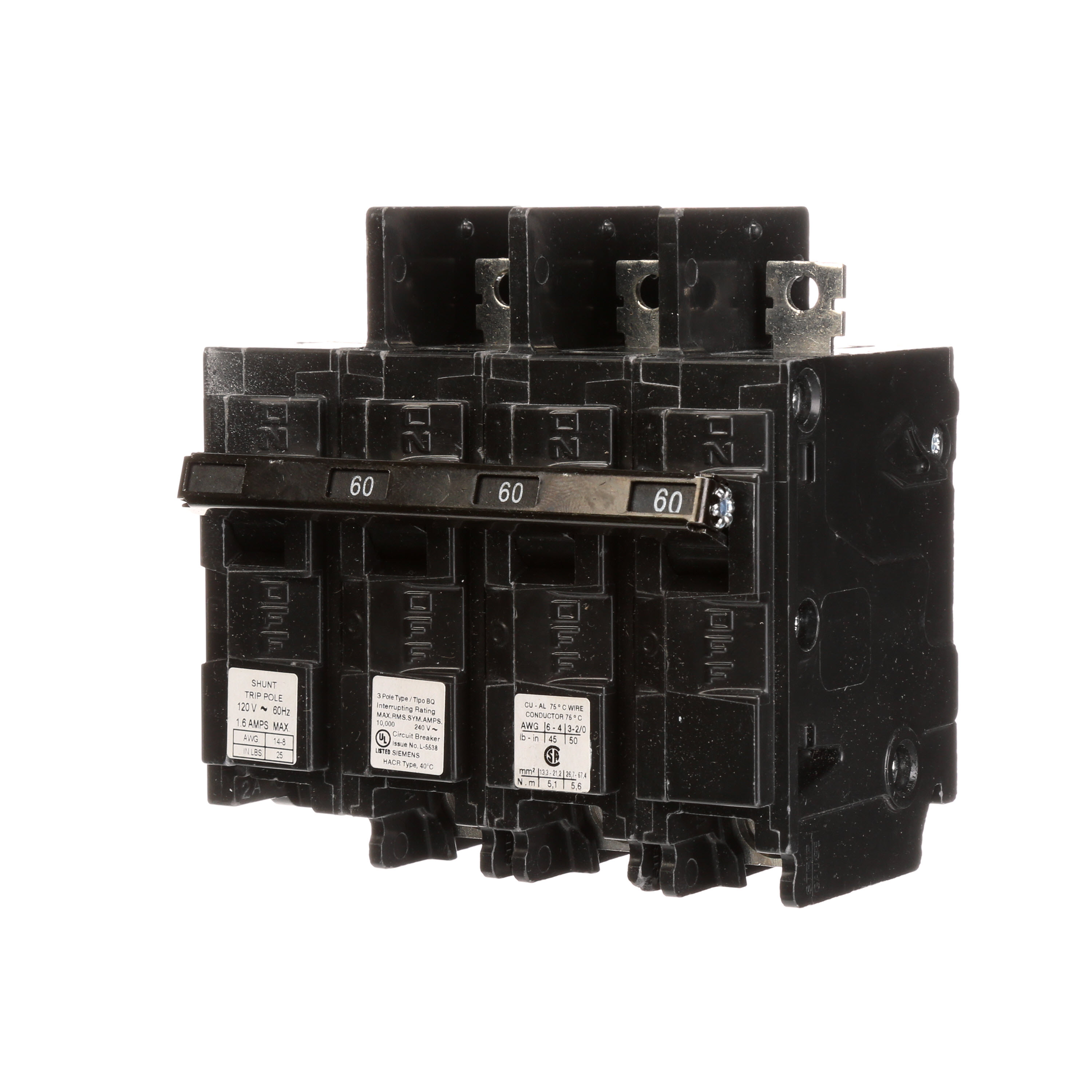 Siemens Low Voltage Molded Case Circuit Breakers General Purpose MCCBs are Circuit Protection Molded Case Circuit Breakers. 3-Pole Common-Trip circuit breaker type BQ. Rated 240V (060A) (AIR 10 kA). Special features 120VAC Shunt Trip. NoteLoad side lugs are included.