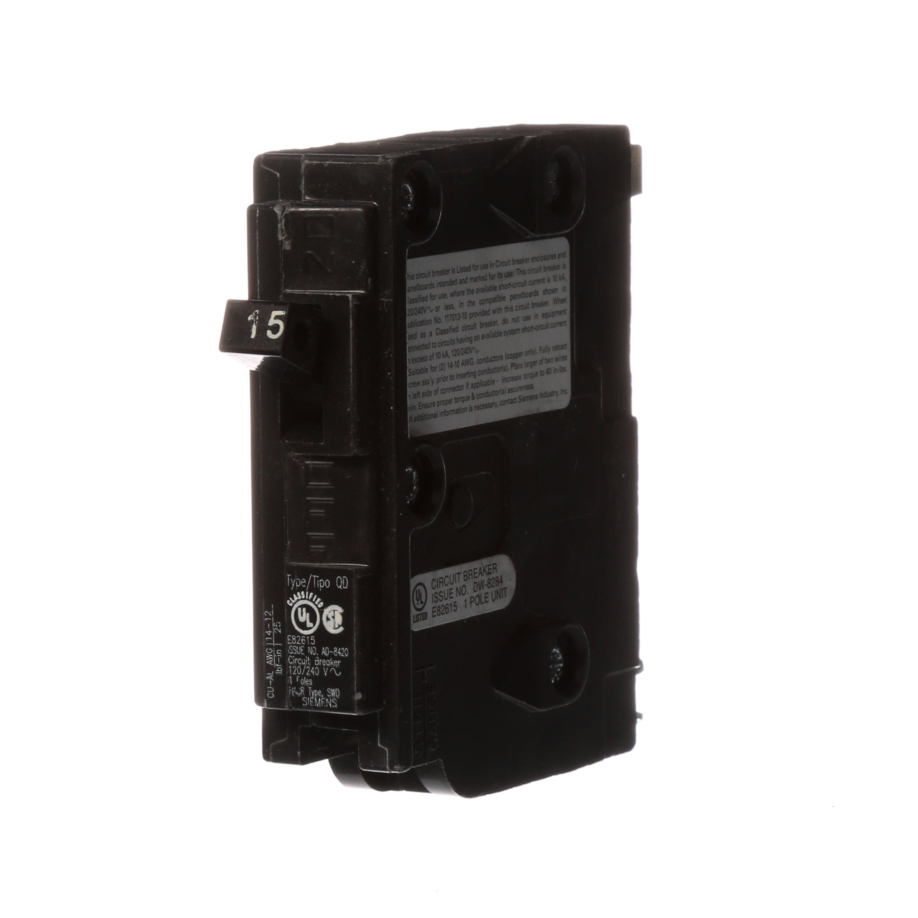 Siemens Low Voltage Residential Circuit Breakers. QD 3/4 IN Plug-In 1-Pole circuit breaker. Rated 120V (15A) AIR (10 kA). Special features HACR rated, UL listed and classified.