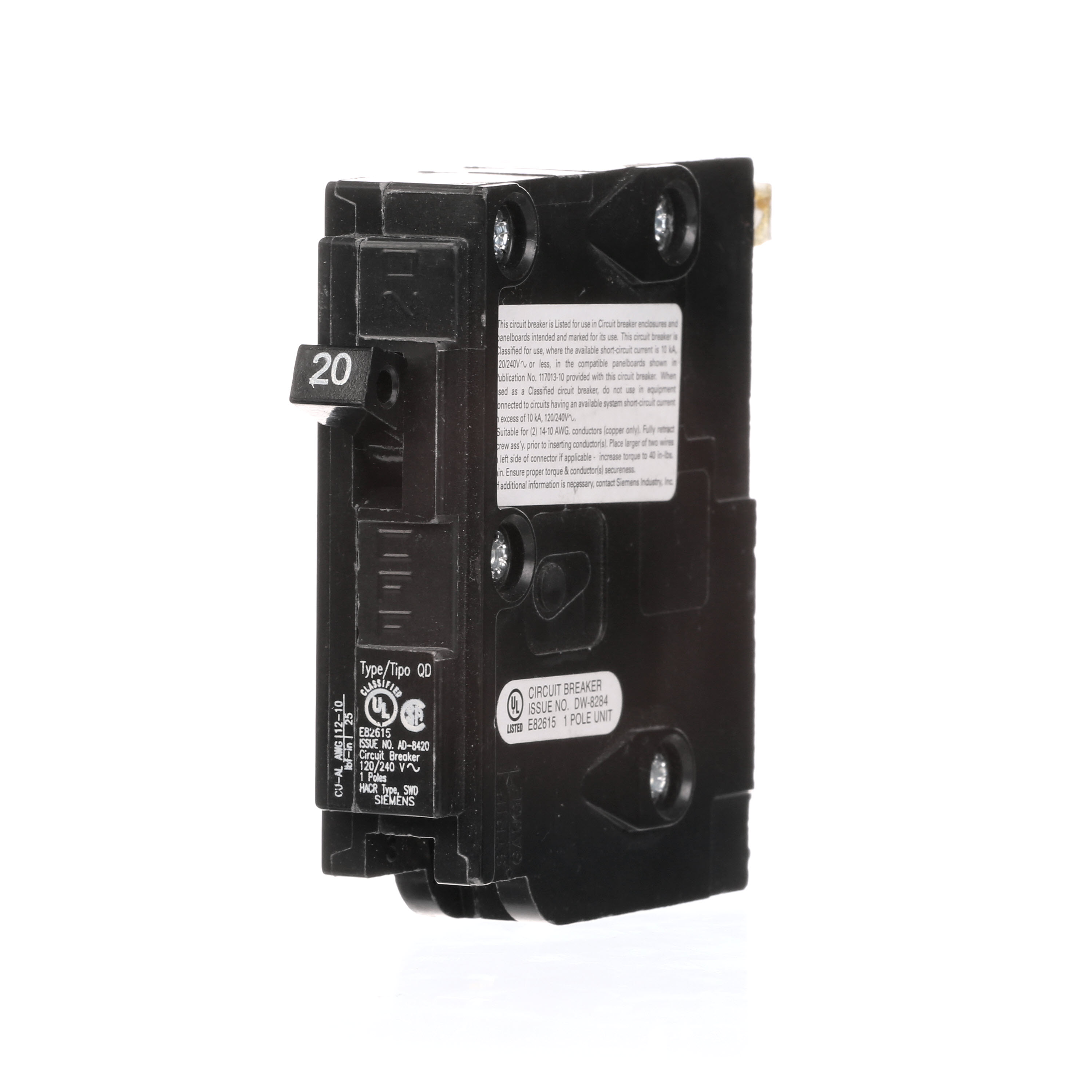 Siemens Low Voltage Residential Circuit Breakers. QD 3/4 IN Plug-In 1-Pole circuit breaker. Rated 120V (20A) AIR (10 kA). Special features HACR rated, UL listed and classified.