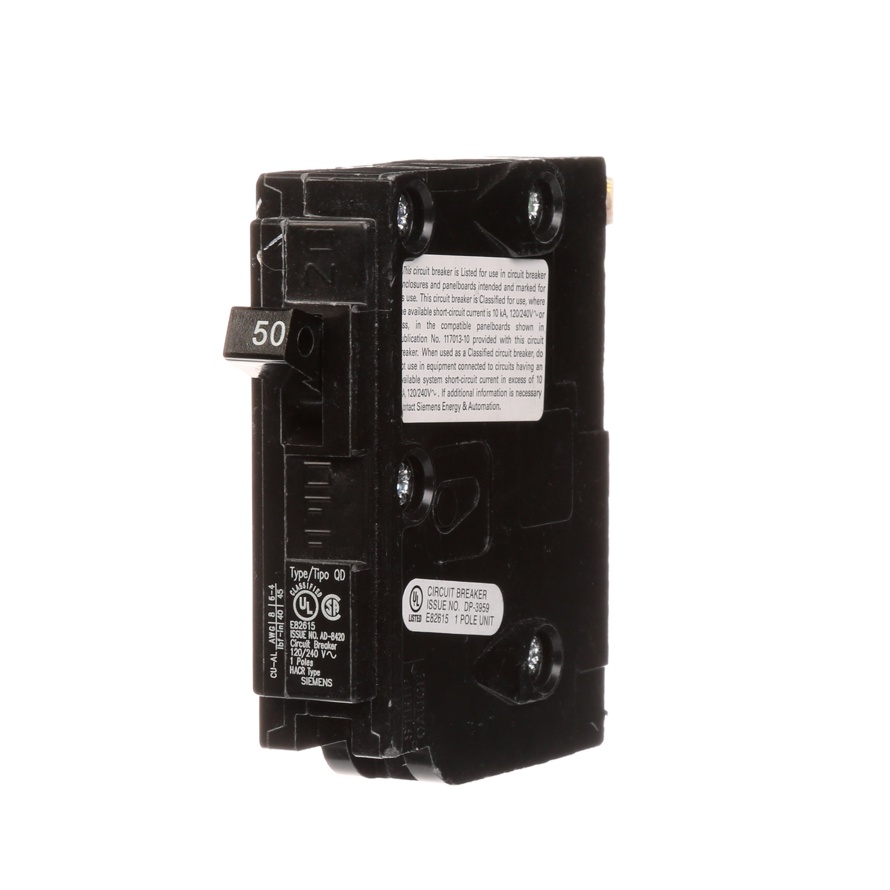Siemens Low Voltage Residential Circuit Breakers. QD 3/4 IN Plug-In 1-Pole circuit breaker. Rated 120V (50A) AIR (10 kA). Special features HACR rated, UL listed and classified.