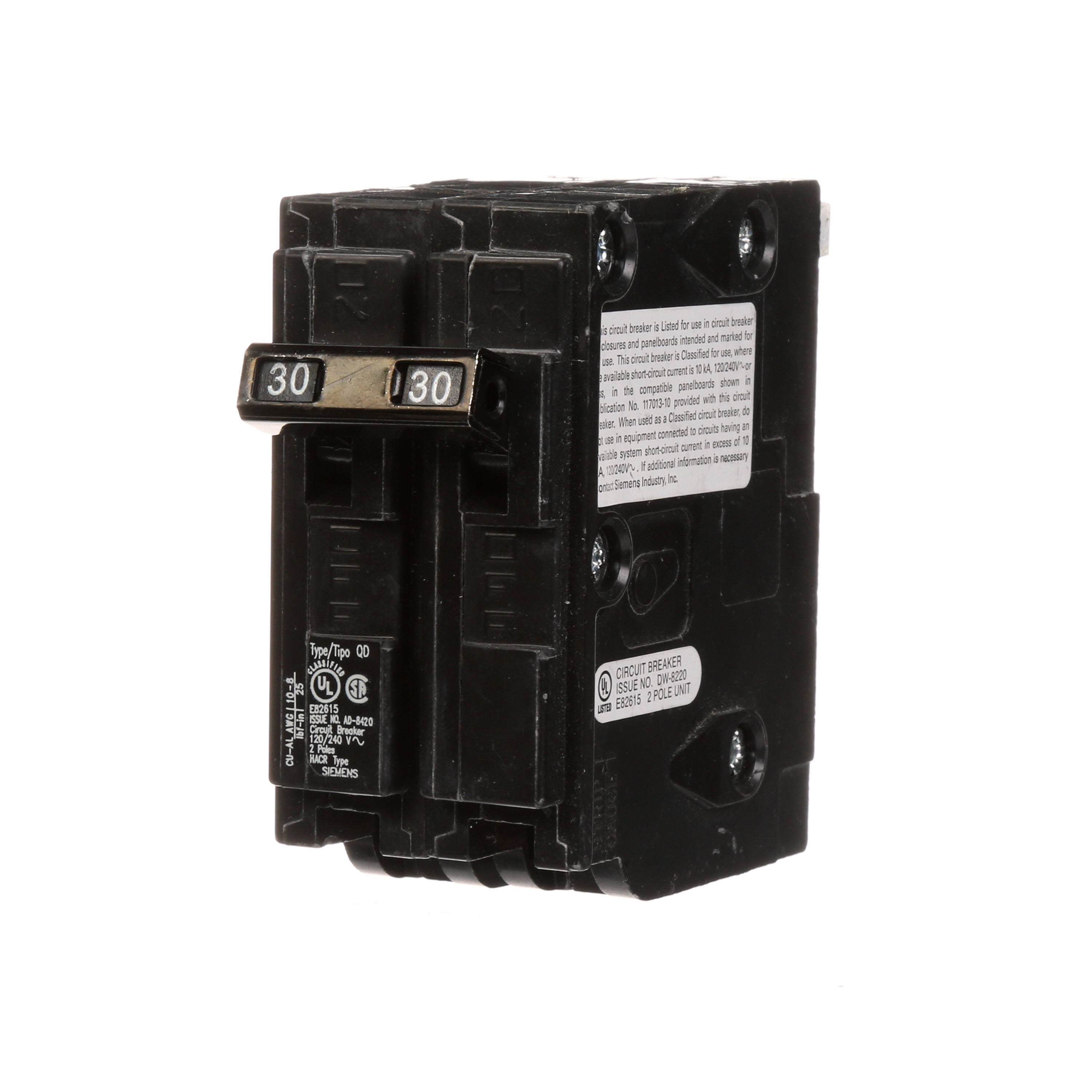 Siemens Low Voltage Residential Circuit Breakers. QD 3/4 IN Plug-In 2-Pole common trip circuit breaker. Rated 120/240V (30A) AIR (10 kA). Special features HACRrated, UL listed and classified.