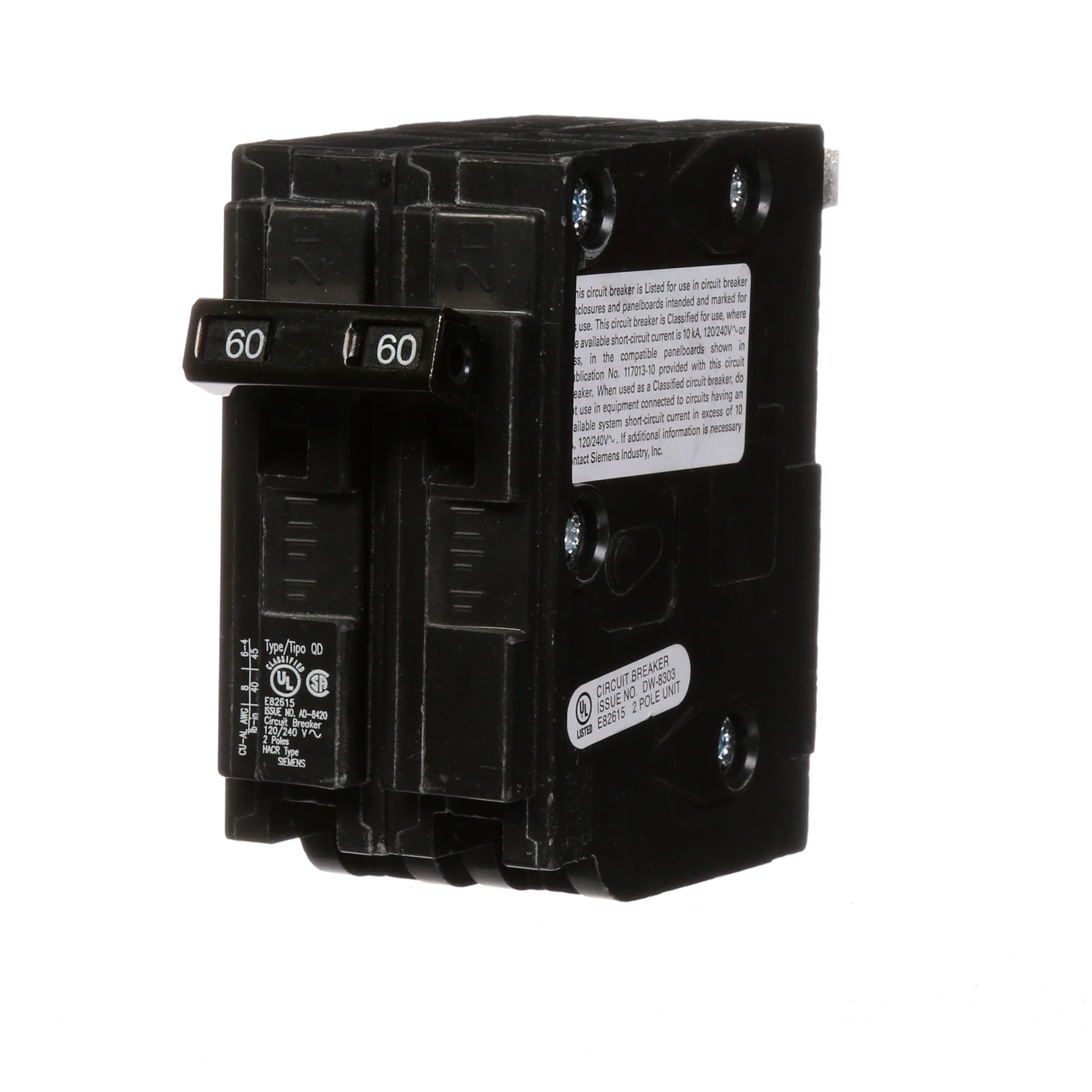 Siemens Low Voltage Residential Circuit Breakers. QD 3/4 IN Plug-In 2-Pole common trip circuit breaker. Rated 120/240V (60A) AIR (10 kA). Special features HACRrated, UL listed and classified.