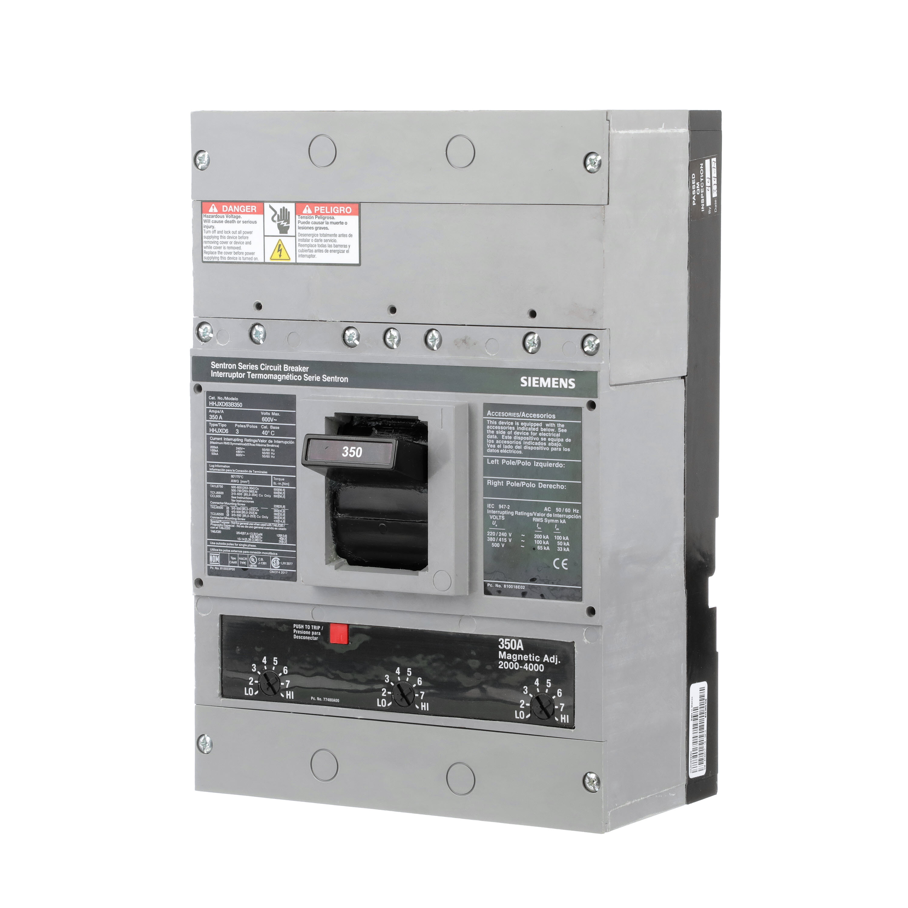 SIEMENS LOW VOLTAGE SENTRON MOLDED CASE CIRCUIT BREAKER WITH THERMAL - MAGNETICTRIP UNIT. ASSEMBLED STANDARD 40 DEG C BREAKER JD FRAME WITH EXTRA HIGH BREAKING CAPACITY. 300A 3-POLE (50KAIC AT 600V) (100KAIC AT 480V). NON-INTERCHANGEABLE TRIP UNIT. SPECIAL FEATURES NO LUGS INSTALLED. DIMENSIONS (W x H x D) IN 7.50 x 11.0 x 4.00.