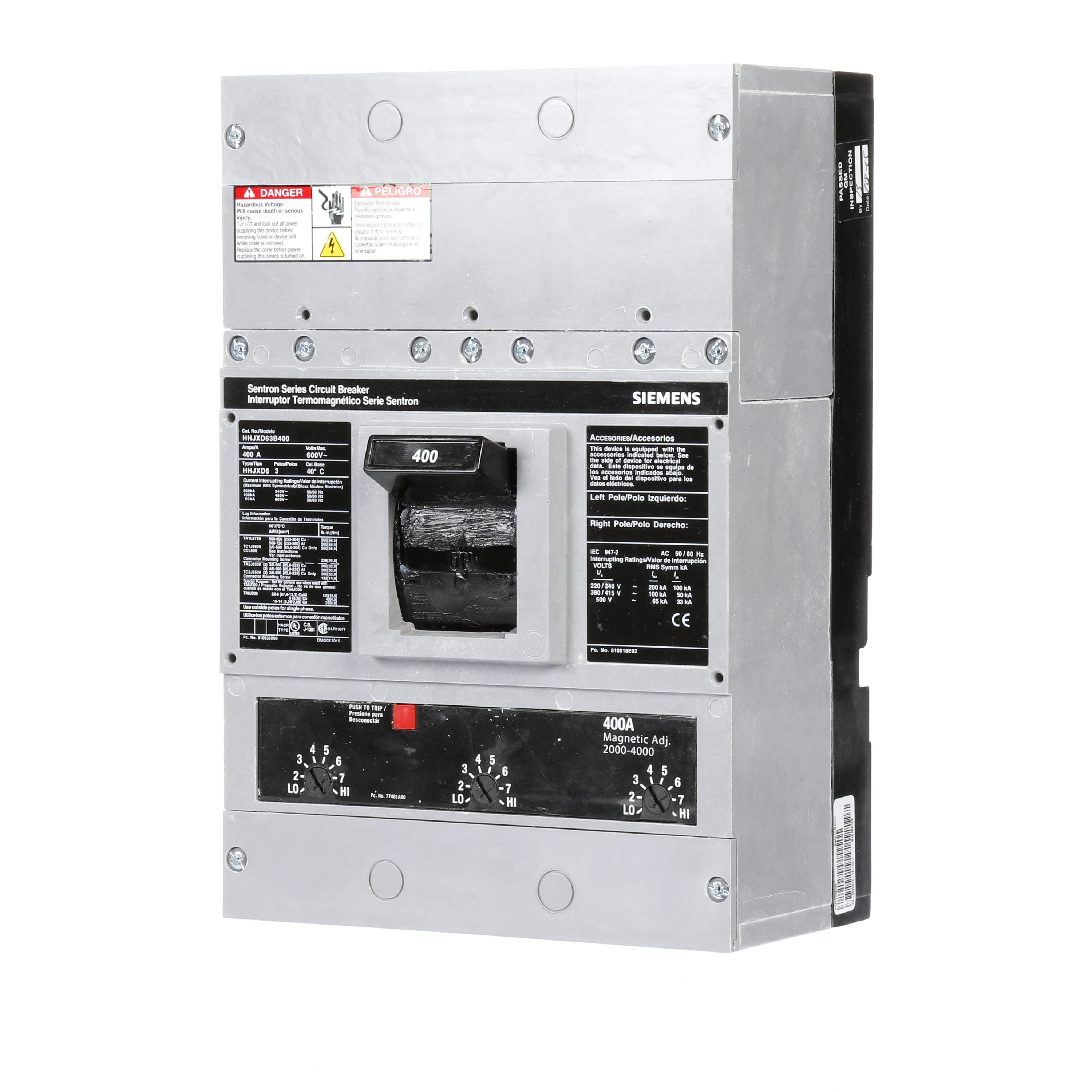 SIEMENS LOW VOLTAGE SENTRON MOLDED CASE CIRCUIT BREAKER WITH THERMAL - MAGNETICTRIP UNIT. ASSEMBLED STANDARD 40 DEG C BREAKER JD FRAME WITH EXTRA HIGH BREAKING CAPACITY. 400A 3-POLE (50KAIC AT 600V) (100KAIC AT 480V). NON-INTERCHANGEABLE TRIP UNIT. SPECIAL FEATURES NO LUGS INSTALLED. DIMENSIONS (W x H x D) IN 7.50 x 11.0 x 4.00.