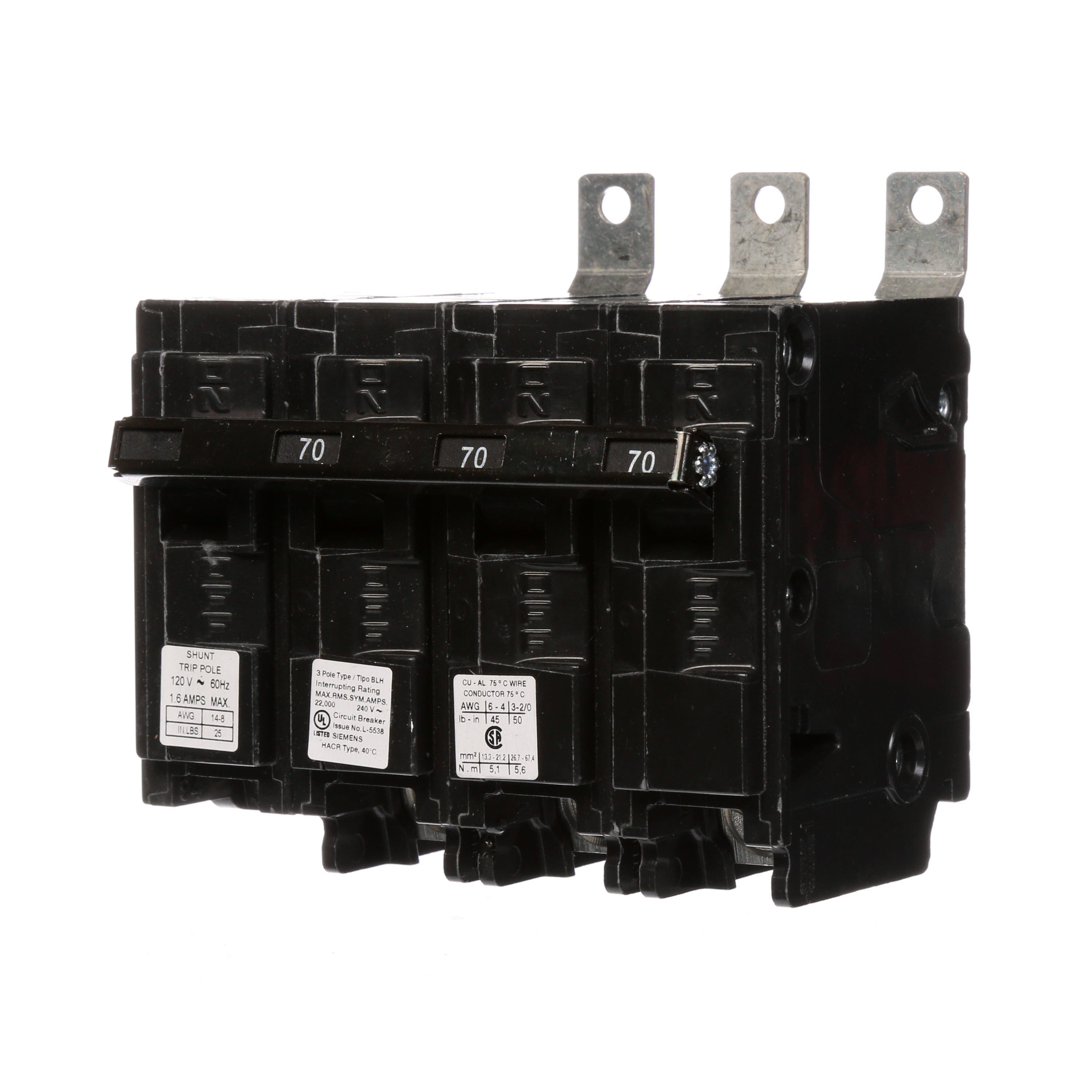 Siemens Low Voltage Molded Case Circuit Breakers Panelboard Mounting 240V Circuit Breakers - Type BL, 3-Pole, 240VAC are Circuit Protection Molded Case CircuitBreakers. Type BLH Special Features Shunt Trip 120V Application Electrical Distribution Standard UL 489 Voltage Rating 120/240V Amperage Rating 70A Trip Range Thermal Magnetic Interrupt Rating 22 AIC Number Of Poles 3P