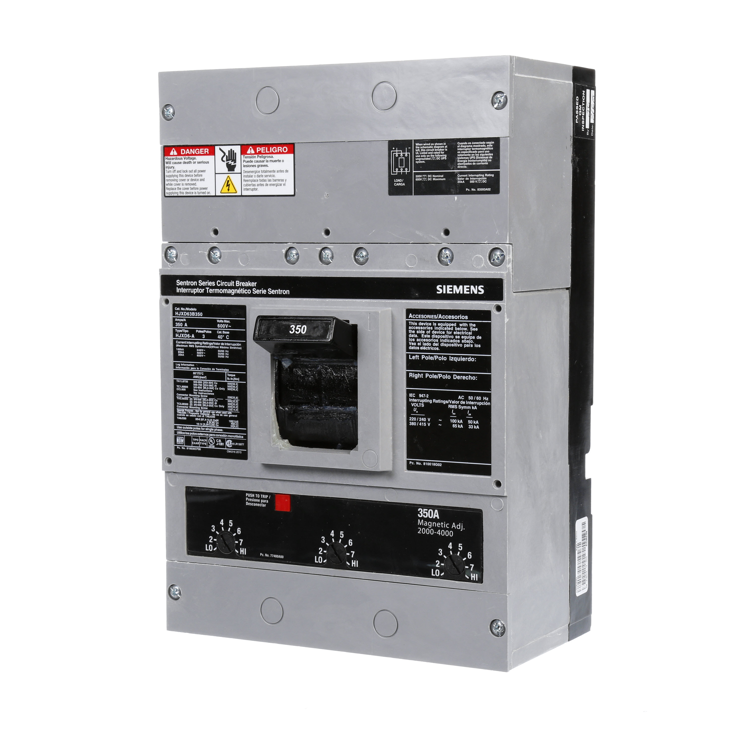 SIEMENS LOW VOLTAGE SENTRON MOLDED CASE CIRCUIT BREAKER WITH THERMAL - MAGNETICTRIP UNIT. ASSEMBLED STANDARD 40 DEG C BREAKER JD FRAME WITH HIGH BREAKING CAPACITY. 350A 3-POLE (35KAIC AT 600V) (65KAIC AT 480V). NON-INTERCHANGEABLE TRIP UNIT. SPECIAL FEATURES NO LUGS INSTALLED. DIMENSIONS (W x H x D) IN 7.50 x 11.0 x 4.00.