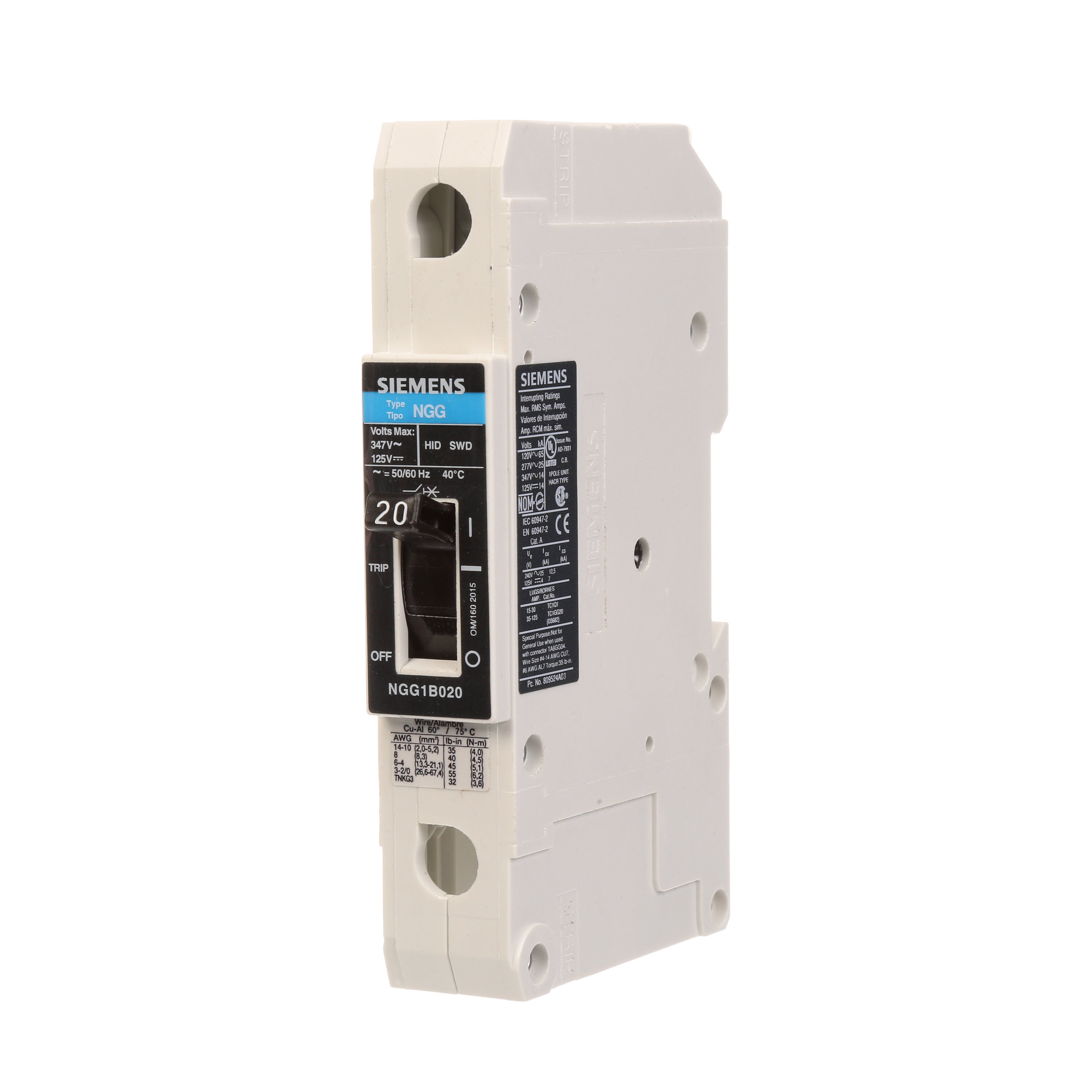SIEMENS LOW VOLTAGE G FRAME CIRCUIT BREAKER WITH THERMAL - MAGNETIC TRIP. UL LISTED NGG FRAME WITH STANDARD BREAKING CAPACITY. 20A 1-POLE (14KAIC AT 347V) (25KAIC AT 277V). SPECIAL FEATURES MOUNTS ON DIN RAIL / SCREW, NO LUGS. DIMENSIONS (W x H x D) IN 1 x 5.4 x 2.8.