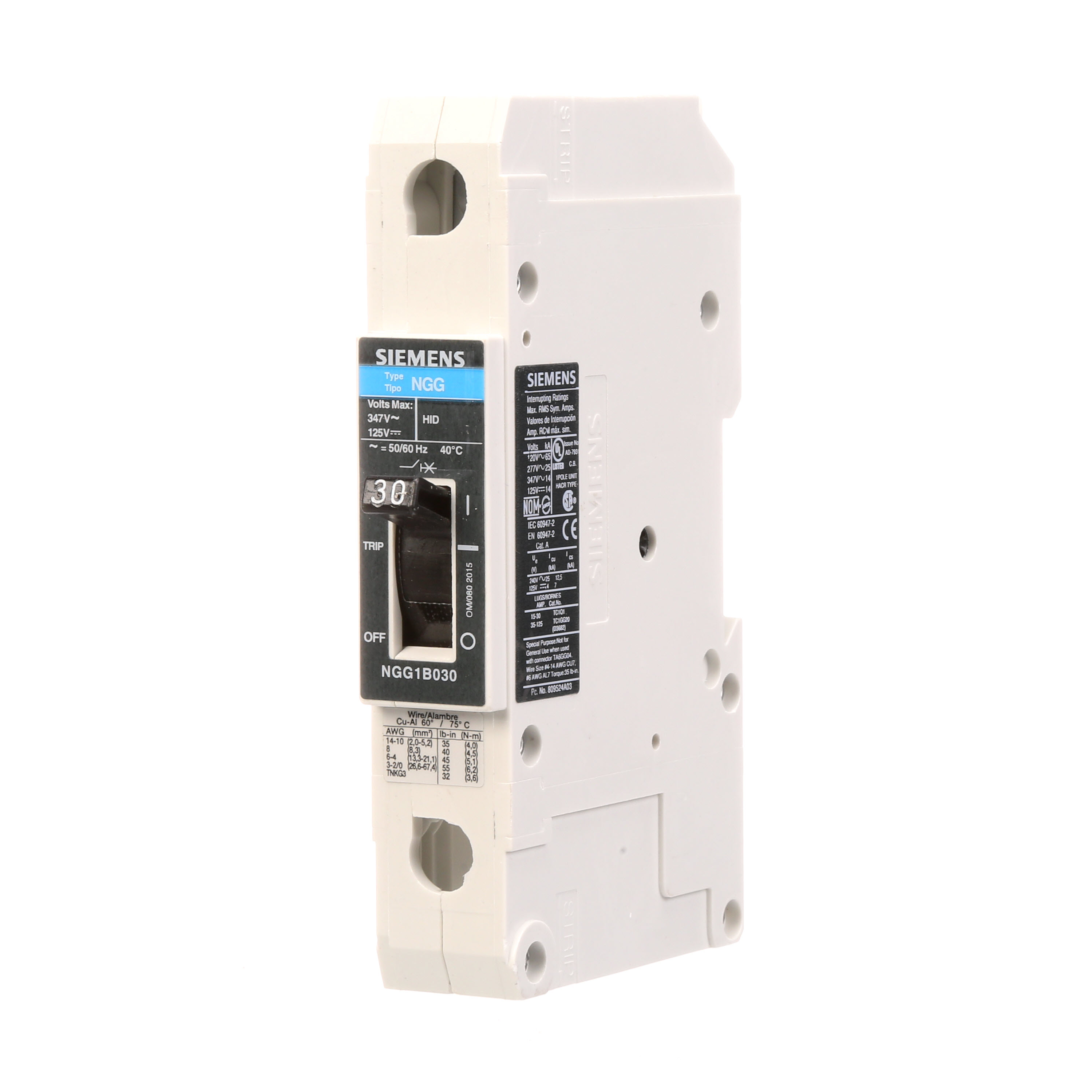 SIEMENS LOW VOLTAGE G FRAME CIRCUIT BREAKER WITH THERMAL - MAGNETIC TRIP. UL LISTED NGG FRAME WITH STANDARD BREAKING CAPACITY. 30A 1-POLE (14KAIC AT 347V) (25KAIC AT 277V). SPECIAL FEATURES MOUNTS ON DIN RAIL / SCREW, NO LUGS. DIMENSIONS (W x H x D) IN 1 x 5.4 x 2.8.