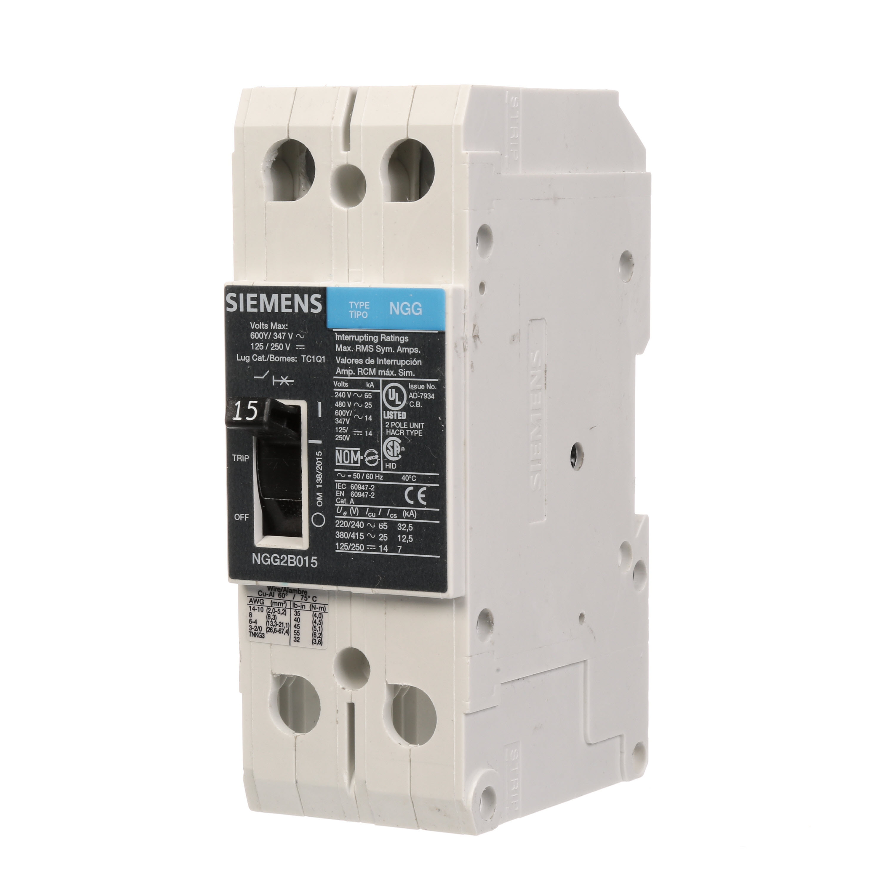 SIEMENS LOW VOLTAGE G FRAME CIRCUIT BREAKER WITH THERMAL - MAGNETIC TRIP. UL LISTED NGG FRAME WITH STANDARD BREAKING CAPACITY. 15A 2-POLE (14KAIC AT 600Y/347V)(25KAIC AT 480V). SPECIAL FEATURES MOUNTS ON DIN RAIL / SCREW, NO LUGS. DIMENSIONS (W x H x D) IN 2 x 5.4 x 2.8.