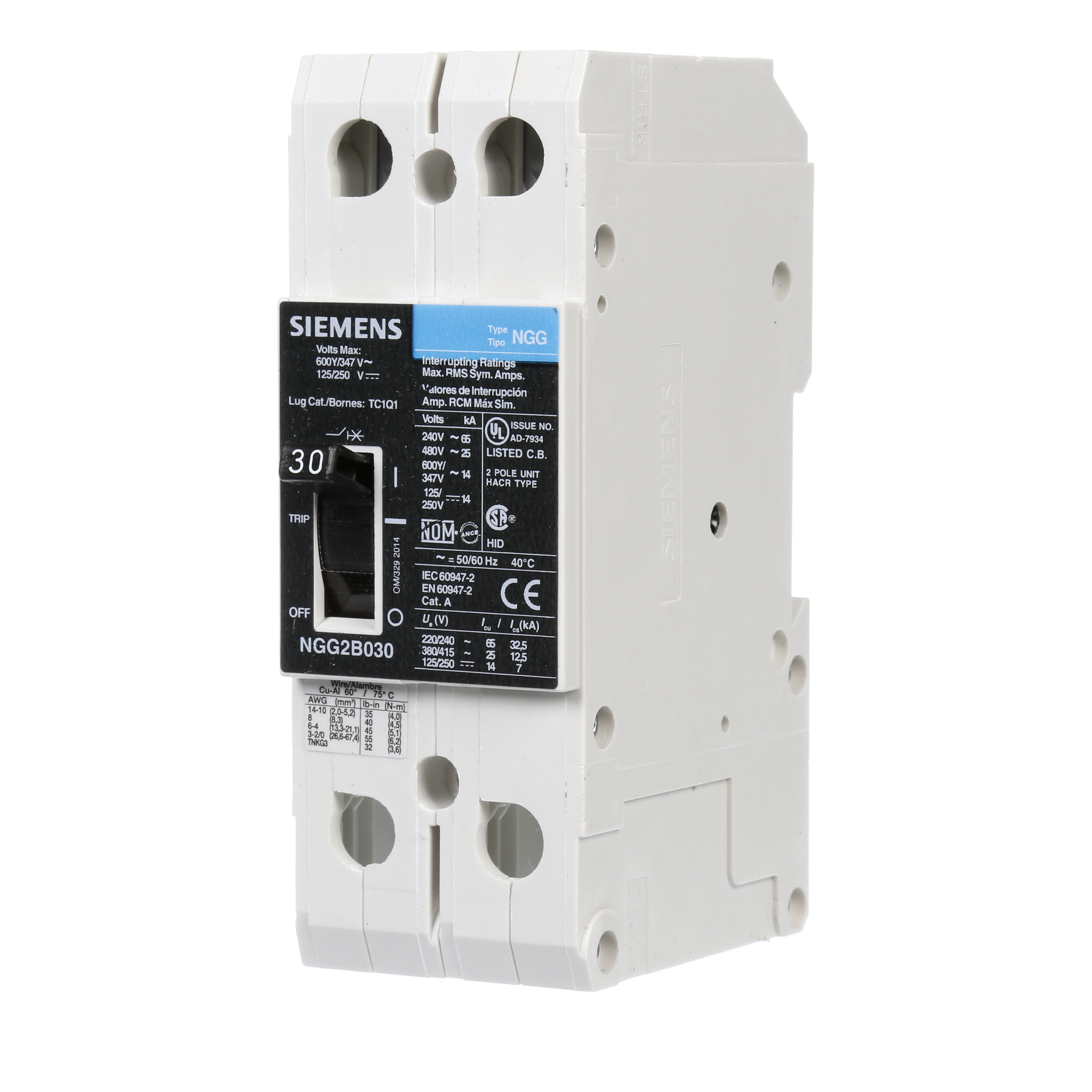 SIEMENS LOW VOLTAGE G FRAME CIRCUIT BREAKER WITH THERMAL - MAGNETIC TRIP. UL LISTED NGG FRAME WITH STANDARD BREAKING CAPACITY. 30A 2-POLE (14KAIC AT 600Y/347V)(25KAIC AT 480V). SPECIAL FEATURES MOUNTS ON DIN RAIL / SCREW, NO LUGS. DIMENSIONS (W x H x D) IN 2 x 5.4 x 2.8.
