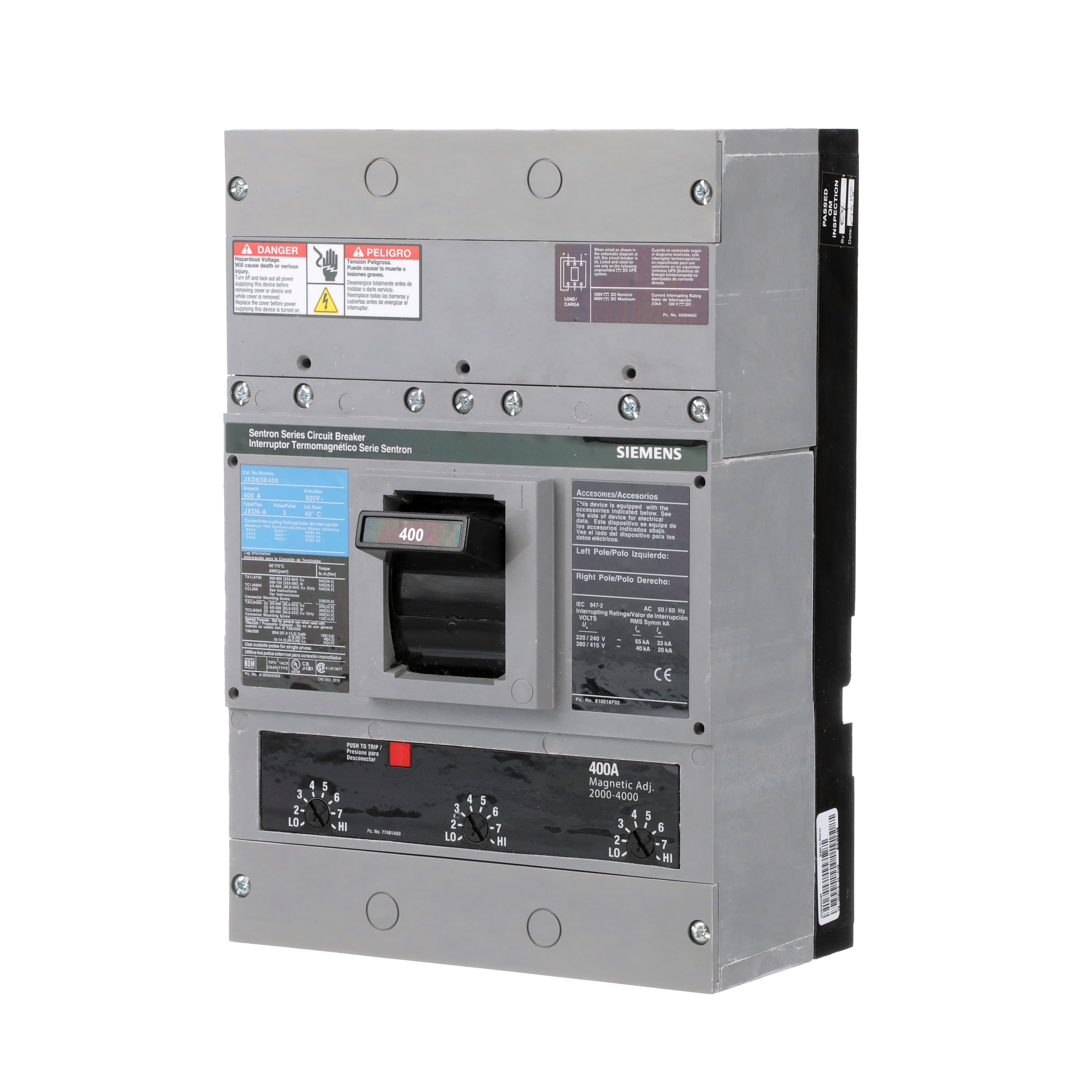 SIEMENS LOW VOLTAGE SENTRON MOLDED CASE CIRCUIT BREAKER WITH THERMAL - MAGNETICTRIP UNIT. ASSEMBLED STANDARD 40 DEG C BREAKER JD FRAME WITH STANDARD BREAKING CAPACITY. 400A 3-POLE (25KAIC AT 600V) (35KAIC AT 480V). NON-INTERCHANGEABLE TRIP UNIT. SPECIAL FEATURES VALUE PACK, NO LUGS INSTALLED. DIMENSIONS (W x H x D) IN 7.50 x 11.0 x 4.00.