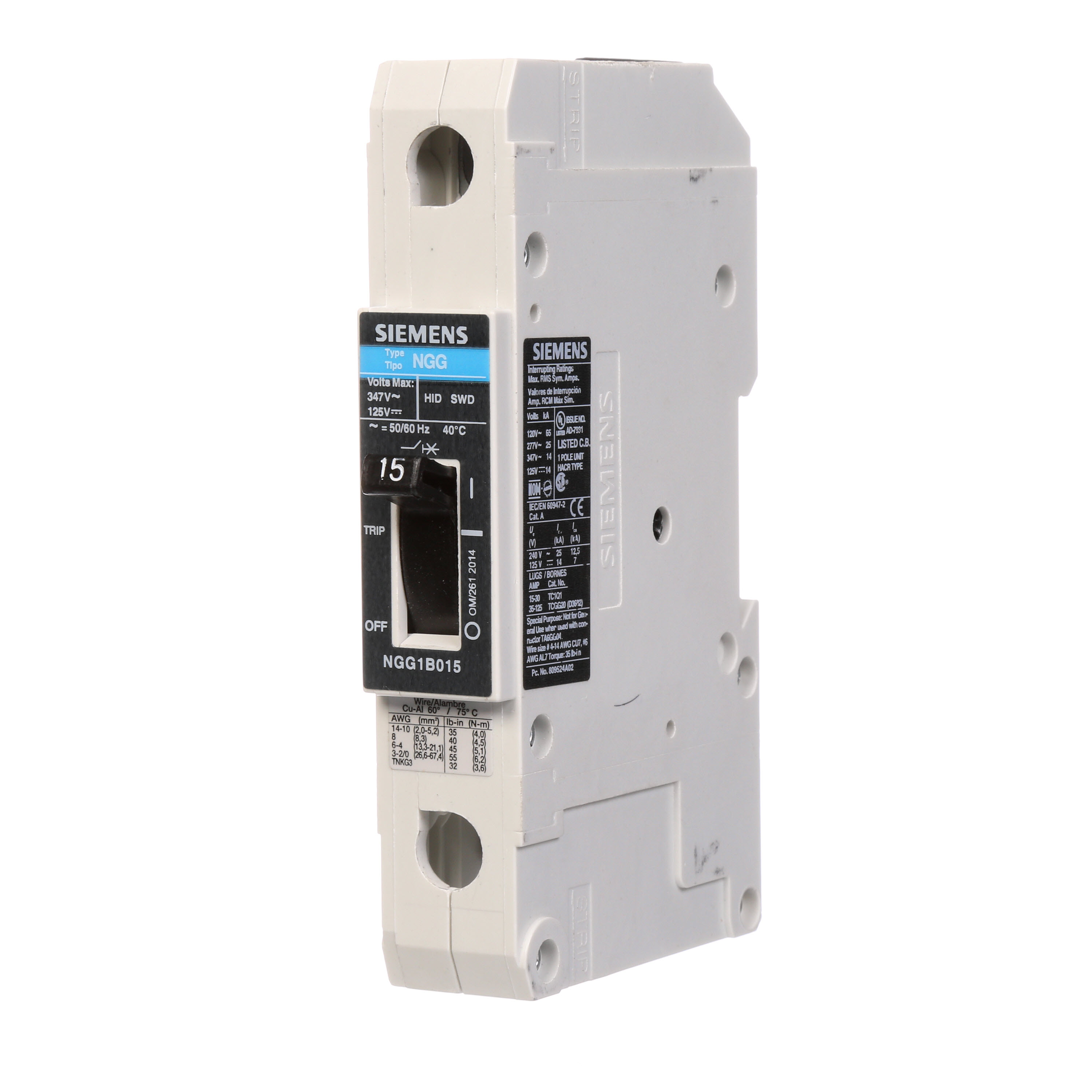 SIEMENS LOW VOLTAGE G FRAME CIRCUIT BREAKER WITH THERMAL - MAGNETIC TRIP. UL LISTED NGG FRAME WITH STANDARD BREAKING CAPACITY. 15A 1-POLE (14KAIC AT 347V) (25KAIC AT 277V). SPECIAL FEATURES MOUNTS ON DIN RAIL / SCREW, LINE AND LOAD SIDE LUGS (TC1Q1) WIRE RANGE 14 - 10 AWS (CU/AL). DIMENSIONS (W x H x D) IN 1 x 5.4 x 2.8.