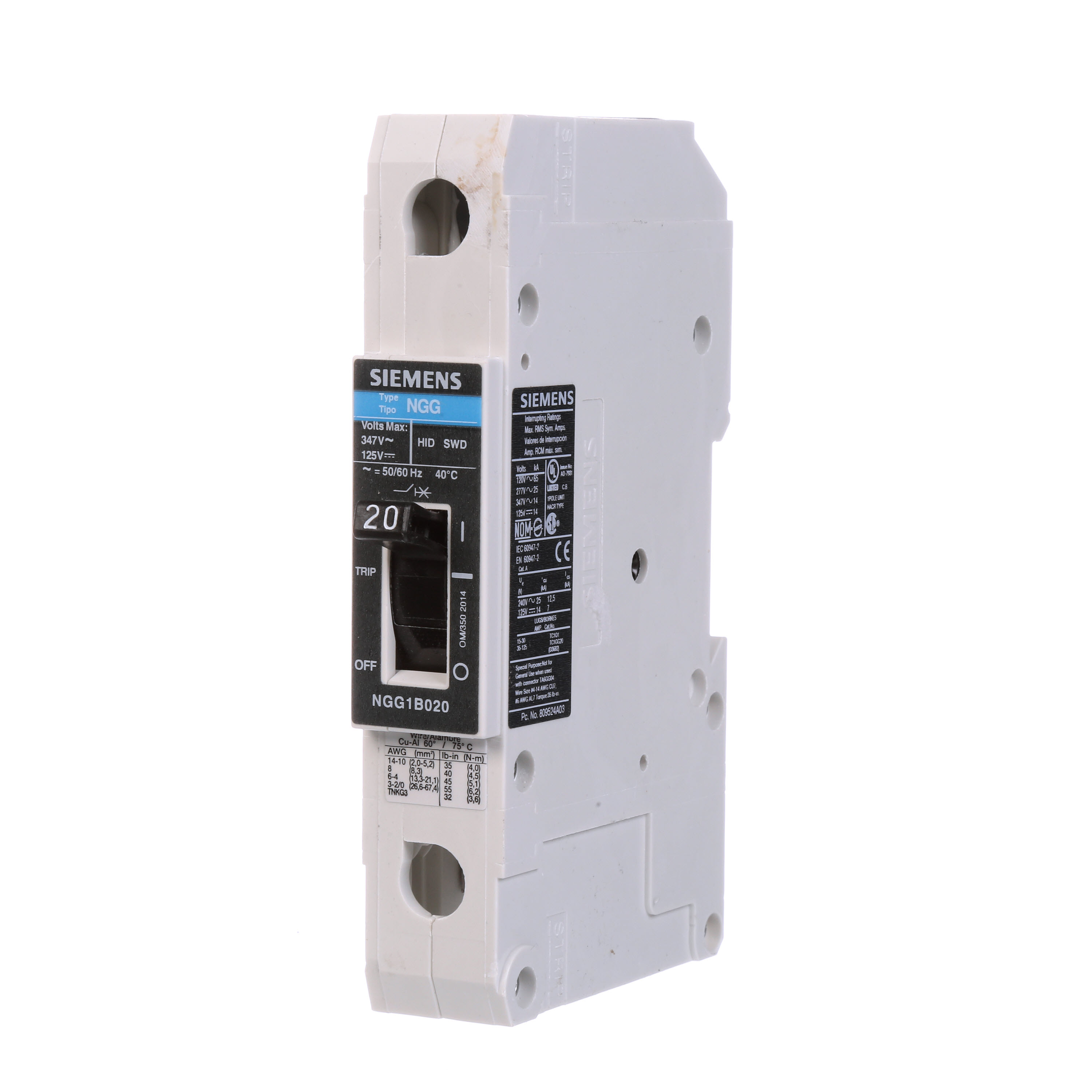 SIEMENS LOW VOLTAGE G FRAME CIRCUIT BREAKER WITH THERMAL - MAGNETIC TRIP. UL LISTED NGG FRAME WITH STANDARD BREAKING CAPACITY. 20A 1-POLE (14KAIC AT 347V) (25KAIC AT 277V). SPECIAL FEATURES MOUNTS ON DIN RAIL / SCREW, LINE AND LOAD SIDE LUGS (TC1Q1) WIRE RANGE 14 - 10 AWS (CU/AL). DIMENSIONS (W x H x D) IN 1 x 5.4 x 2.8.