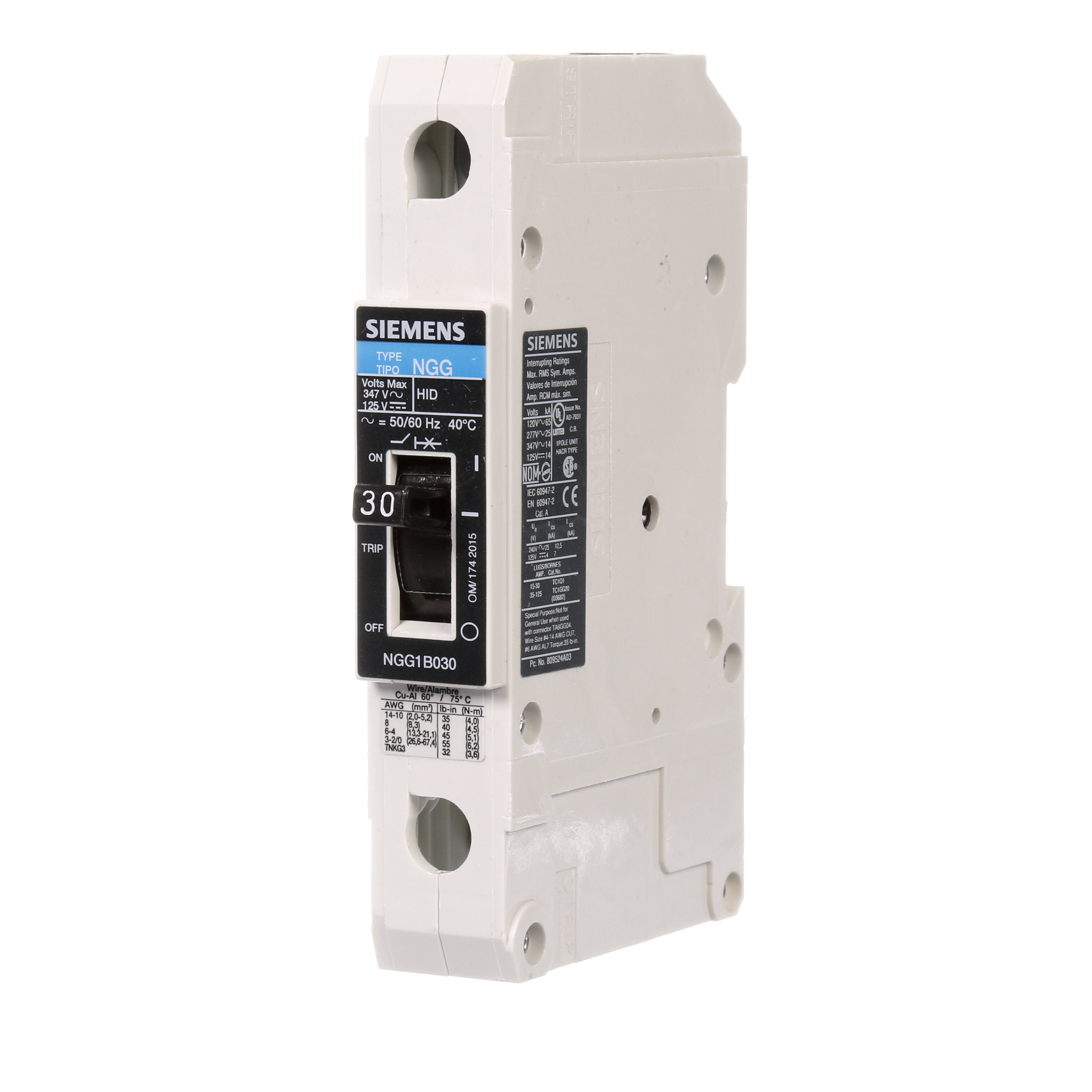 SIEMENS LOW VOLTAGE G FRAME CIRCUIT BREAKER WITH THERMAL - MAGNETIC TRIP. UL LISTED NGG FRAME WITH STANDARD BREAKING CAPACITY. 30A 1-POLE (14KAIC AT 347V) (25KAIC AT 277V). SPECIAL FEATURES MOUNTS ON DIN RAIL / SCREW, LINE AND LOAD SIDE LUGS (TC1Q1) WIRE RANGE 14 - 10 AWS (CU/AL). DIMENSIONS (W x H x D) IN 1 x 5.4 x 2.8.