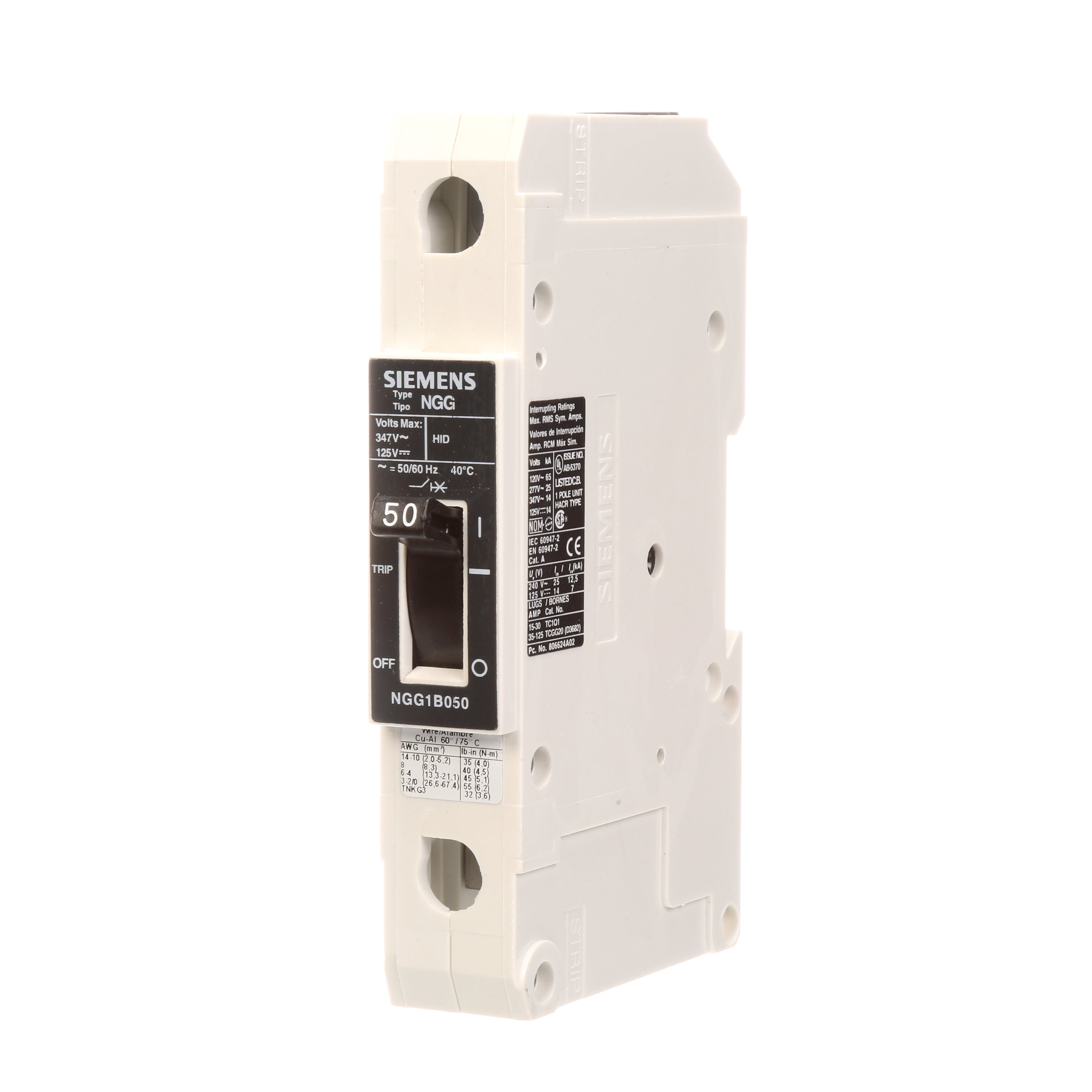 SIEMENS LOW VOLTAGE G FRAME CIRCUIT BREAKER WITH THERMAL - MAGNETIC TRIP. UL LISTED NGG FRAME WITH STANDARD BREAKING CAPACITY. 50A 1-POLE (14KAIC AT 347V) (25KAIC AT 277V). SPECIAL FEATURES MOUNTS ON DIN RAIL / SCREW, LINE AND LOAD SIDE LUGS (TC1GG20) WIRE RANGE 8 - 1/0 AWS (CU/AL). DIMENSIONS (W x H x D) IN 1 x 5.4 x2.8.