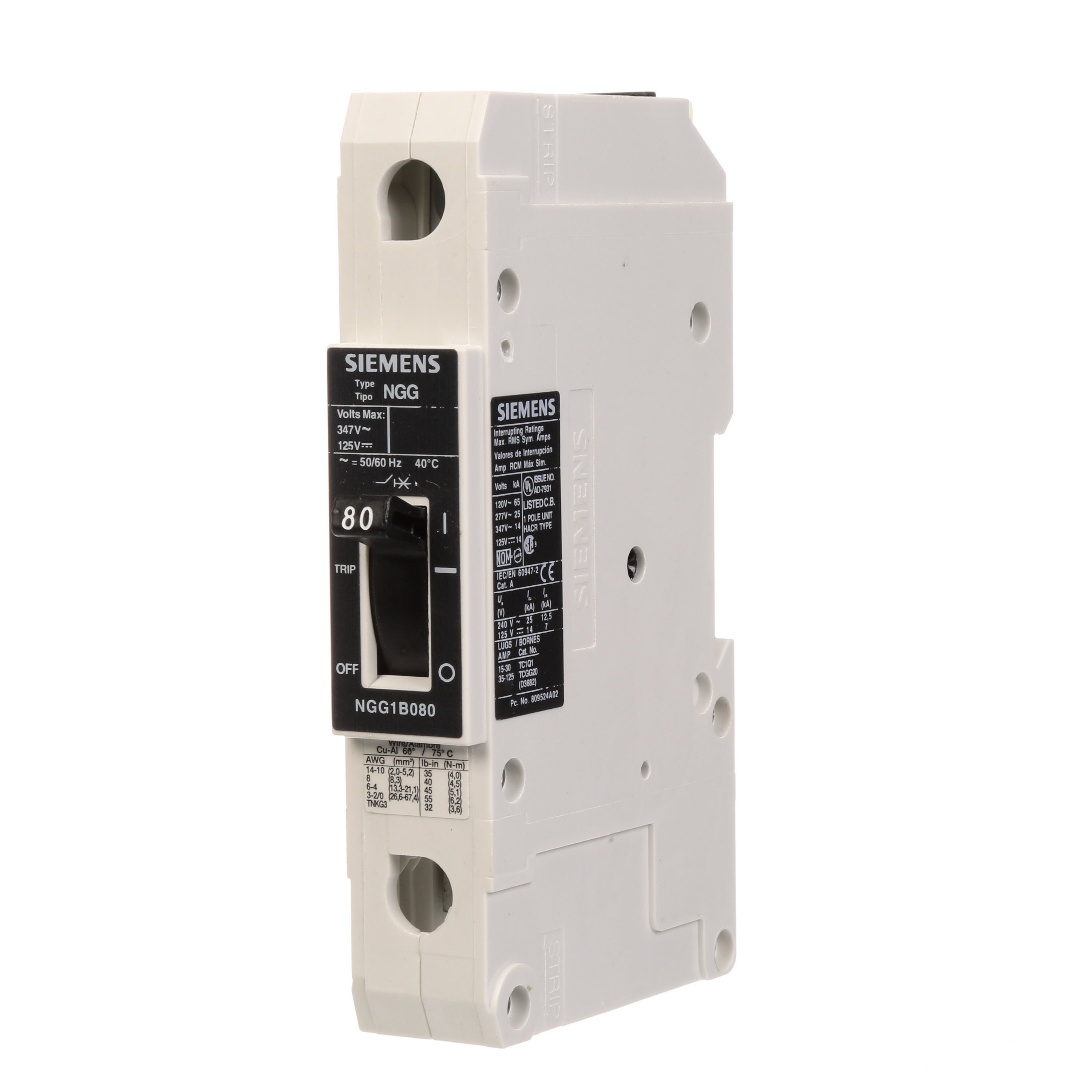 SIEMENS LOW VOLTAGE G FRAME CIRCUIT BREAKER WITH THERMAL - MAGNETIC TRIP. UL LISTED NGG FRAME WITH STANDARD BREAKING CAPACITY. 80A 1-POLE (14KAIC AT 347V) (25KAIC AT 277V). SPECIAL FEATURES MOUNTS ON DIN RAIL / SCREW, LINE AND LOAD SIDE LUGS (TC1GG20) WIRE RANGE 8 - 1/0 AWS (CU/AL). DIMENSIONS (W x H x D) IN 1 x 5.4 x2.8.