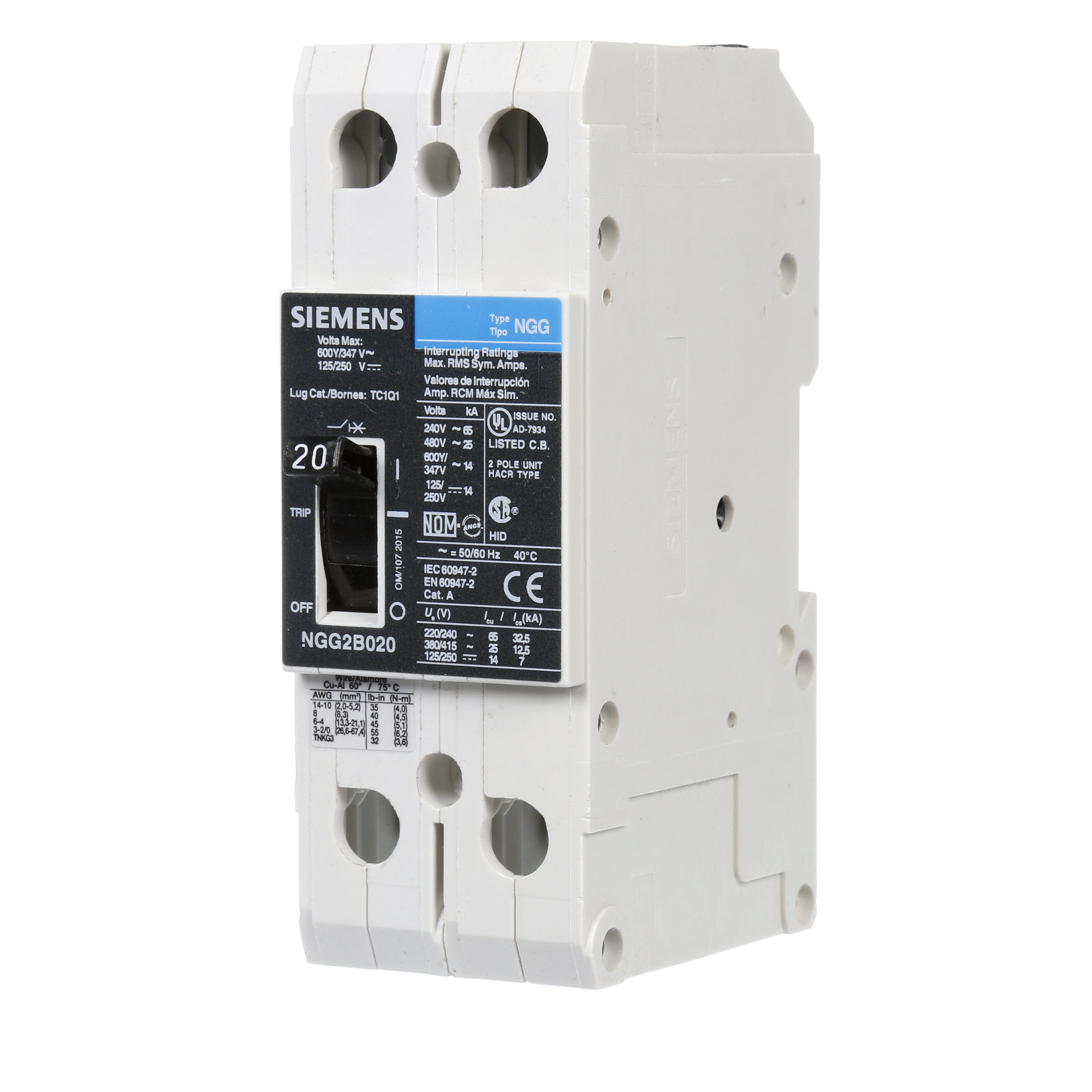 SIEMENS LOW VOLTAGE G FRAME CIRCUIT BREAKER WITH THERMAL - MAGNETIC TRIP. UL LISTED NGG FRAME WITH STANDARD BREAKING CAPACITY. 20A 2-POLE (14KAIC AT 600Y/347V)(25KAIC AT 480V). SPECIAL FEATURES MOUNTS ON DIN RAIL / SCREW, LINE AND LOAD SIDE LUGS (TC1Q1) WIRE RANGE 14 - 10 AWS (CU/AL). DIMENSIONS (W x H x D) IN 2 x 5.4 x 2.8.