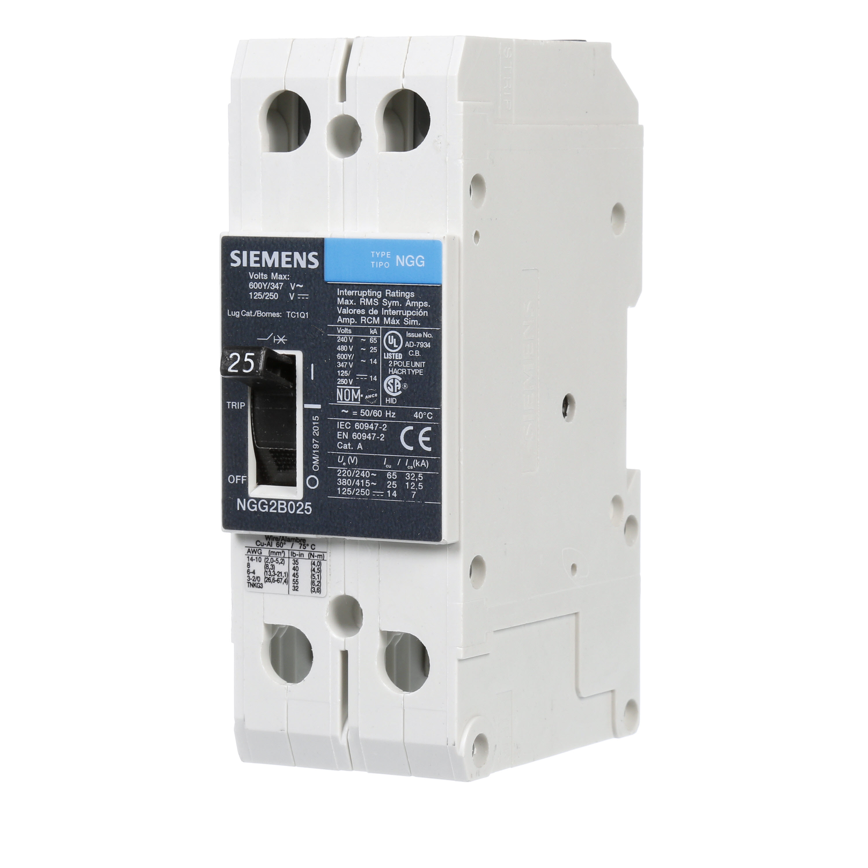 SIEMENS LOW VOLTAGE G FRAME CIRCUIT BREAKER WITH THERMAL - MAGNETIC TRIP. UL LISTED NGG FRAME WITH STANDARD BREAKING CAPACITY. 25A 2-POLE (14KAIC AT 600Y/347V)(25KAIC AT 480V). SPECIAL FEATURES MOUNTS ON DIN RAIL / SCREW, LINE AND LOAD SIDE LUGS (TC1Q1) WIRE RANGE 14 - 10 AWS (CU/AL). DIMENSIONS (W x H x D) IN 2 x 5.4 x 2.8.