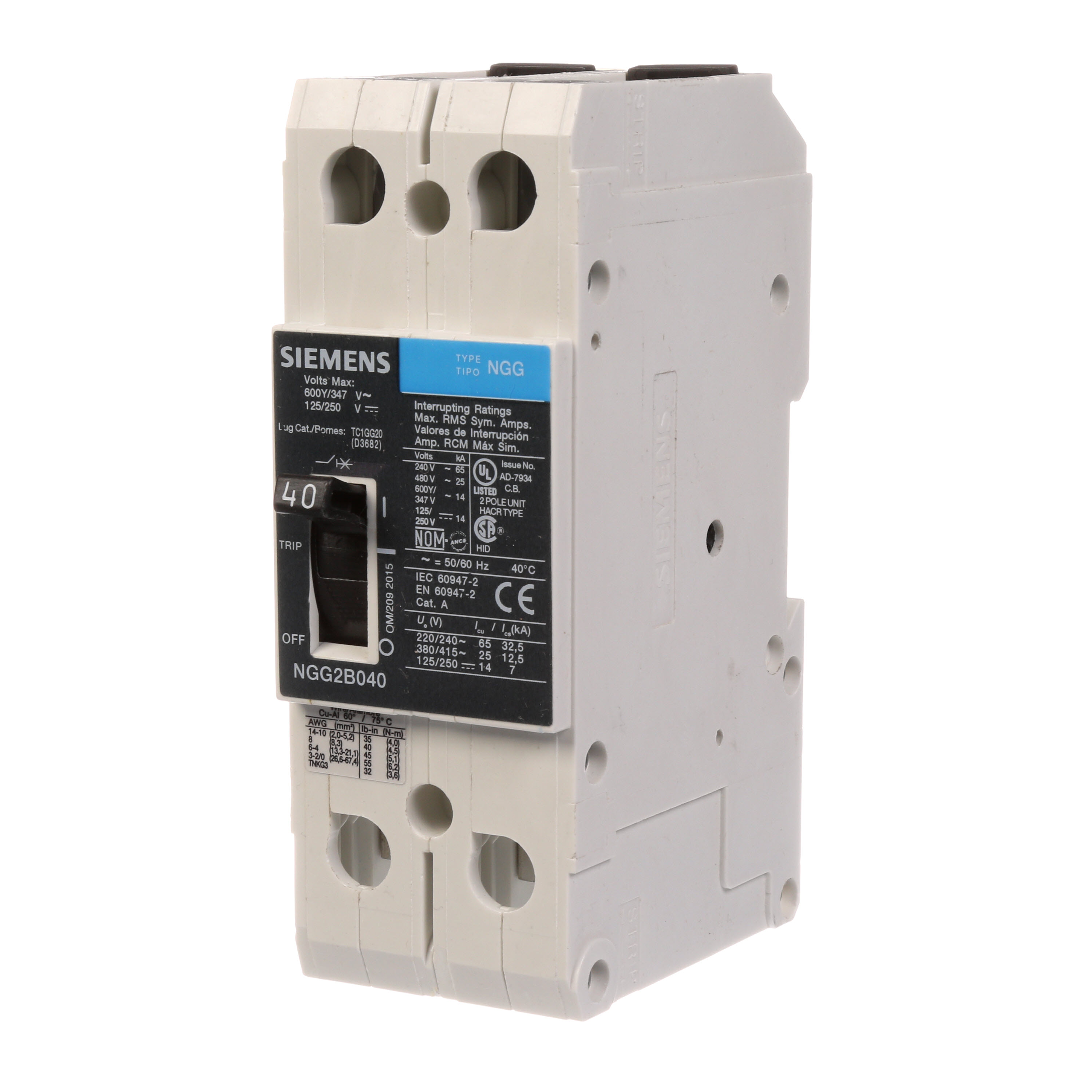 SIEMENS LOW VOLTAGE G FRAME CIRCUIT BREAKER WITH THERMAL - MAGNETIC TRIP. UL LISTED NGG FRAME WITH STANDARD BREAKING CAPACITY. 40A 2-POLE (14KAIC AT 600Y/347V)(25KAIC AT 480V). SPECIAL FEATURES MOUNTS ON DIN RAIL / SCREW, LINE AND LOAD SIDE LUGS (TC1GG20) WIRE RANGE 8 - 1/0 AWS (CU/AL). DIMENSIONS (W x H x D) IN 2 x 5.4 x 2.8.