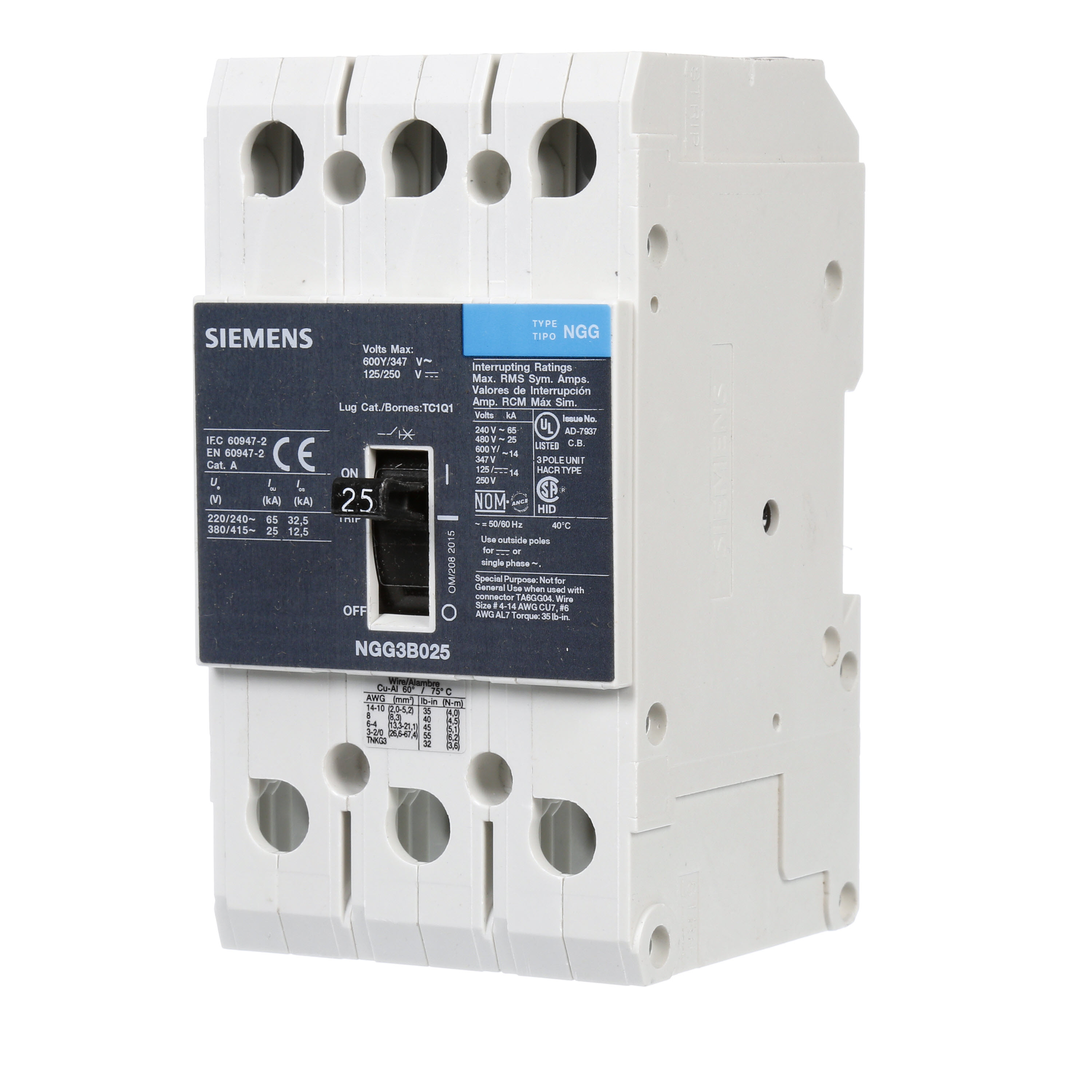 SIEMENS LOW VOLTAGE G FRAME CIRCUIT BREAKER WITH THERMAL - MAGNETIC TRIP. UL LISTED NGG FRAME WITH STANDARD BREAKING CAPACITY. 25A 3-POLE (14KAIC AT 600Y/347V)(25KAIC AT 480V). SPECIAL FEATURES MOUNTS ON DIN RAIL / SCREW, LINE AND LOAD SIDE LUGS (TC1Q1) WIRE RANGE 14 - 10 AWS (CU/AL). DIMENSIONS (W x H x D) IN 3 x 5.4 x 2.8.