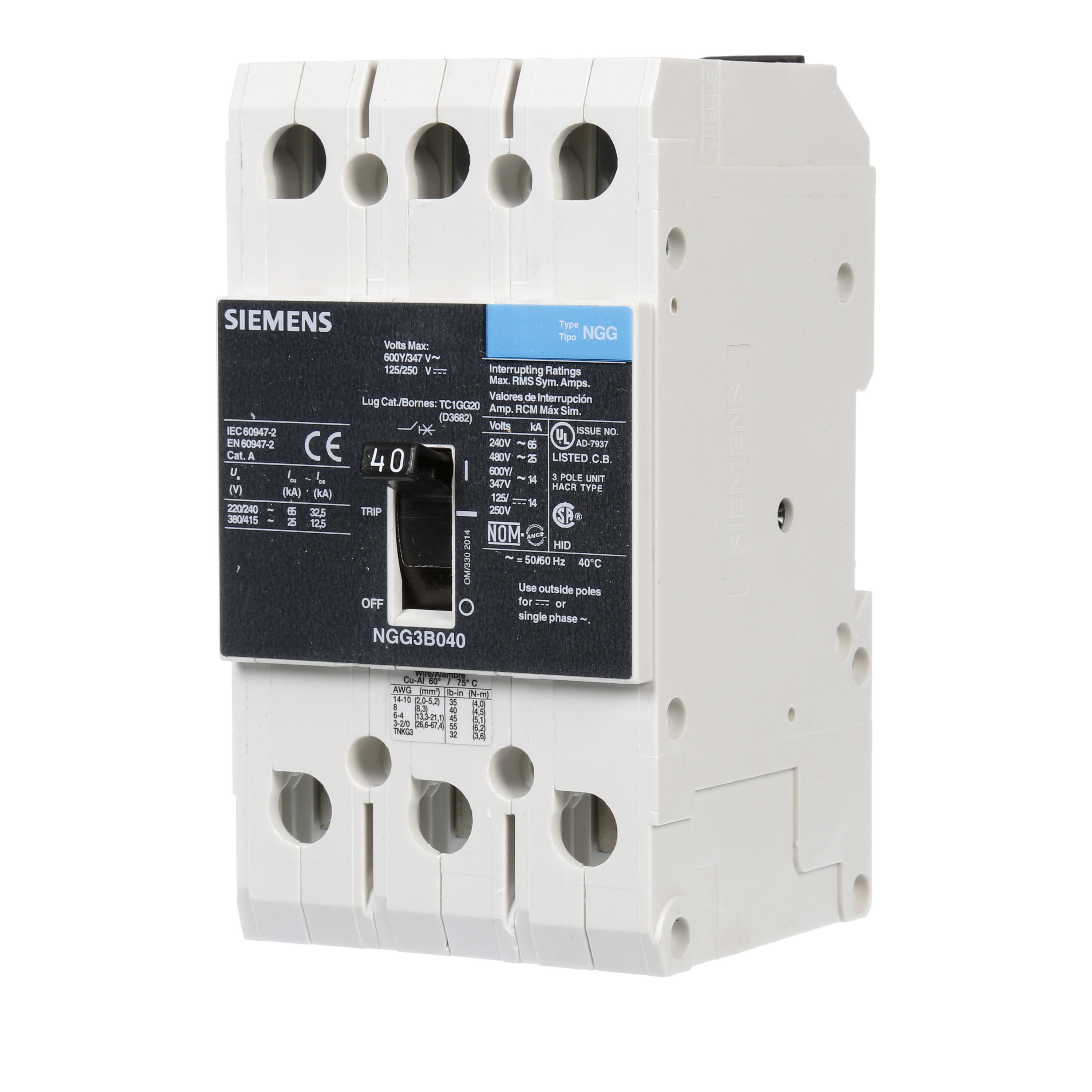 SIEMENS LOW VOLTAGE G FRAME CIRCUIT BREAKER WITH THERMAL - MAGNETIC TRIP. UL LISTED NGG FRAME WITH STANDARD BREAKING CAPACITY. 40A 3-POLE (14KAIC AT 600Y/347V)(25KAIC AT 480V). SPECIAL FEATURES MOUNTS ON DIN RAIL / SCREW, LINE AND LOAD SIDE LUGS (TC1GG20) WIRE RANGE 8 - 1/0 AWS (CU/AL). DIMENSIONS (W x H x D) IN 3 x 5.4 x 2.8.