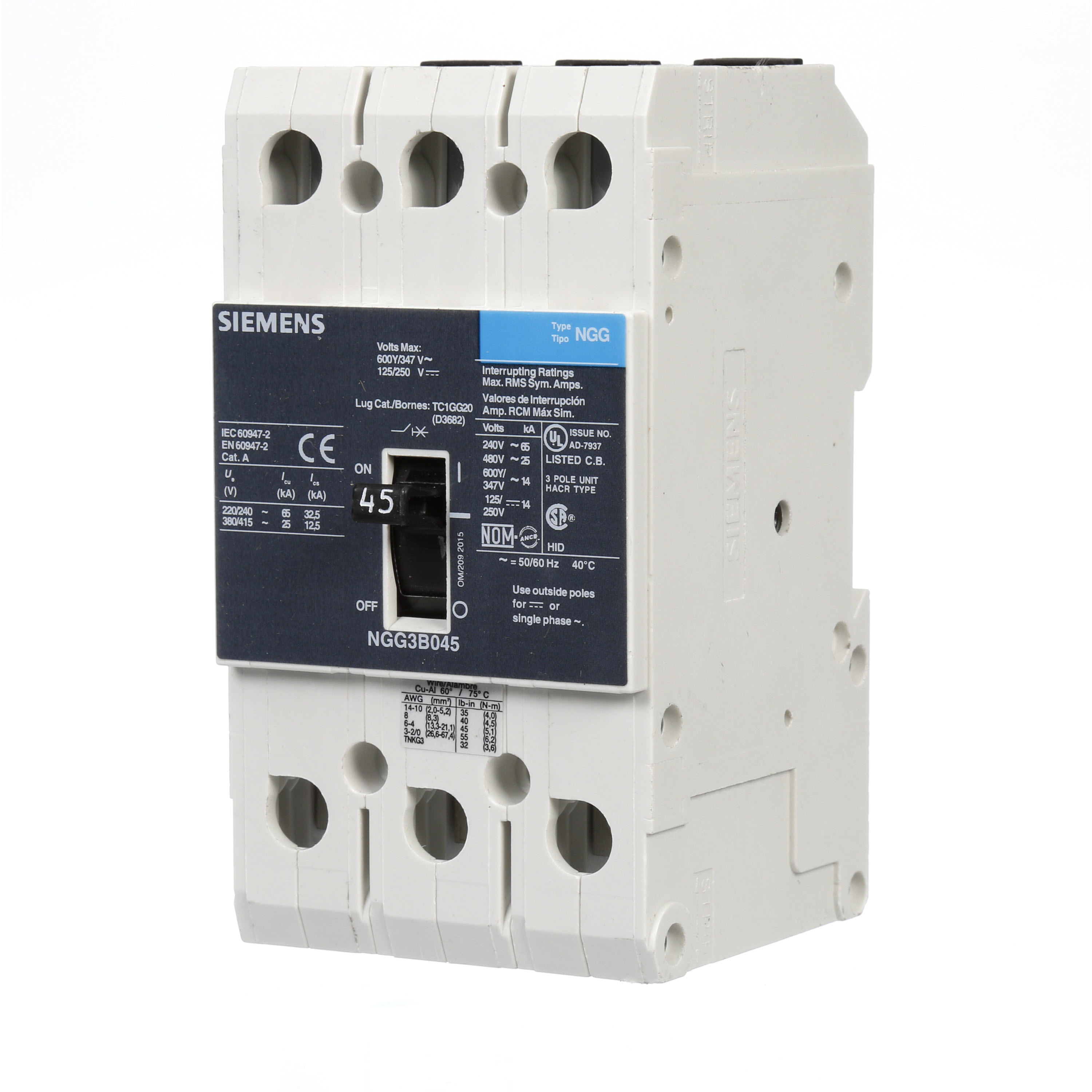 SIEMENS LOW VOLTAGE G FRAME CIRCUIT BREAKER WITH THERMAL - MAGNETIC TRIP. UL LISTED NGG FRAME WITH STANDARD BREAKING CAPACITY. 45A 3-POLE (14KAIC AT 600Y/347V)(25KAIC AT 480V). SPECIAL FEATURES MOUNTS ON DIN RAIL / SCREW, LINE AND LOAD SIDE LUGS (TC1GG20) WIRE RANGE 8 - 1/0 AWS (CU/AL). DIMENSIONS (W x H x D) IN 3 x 5.4 x 2.8.