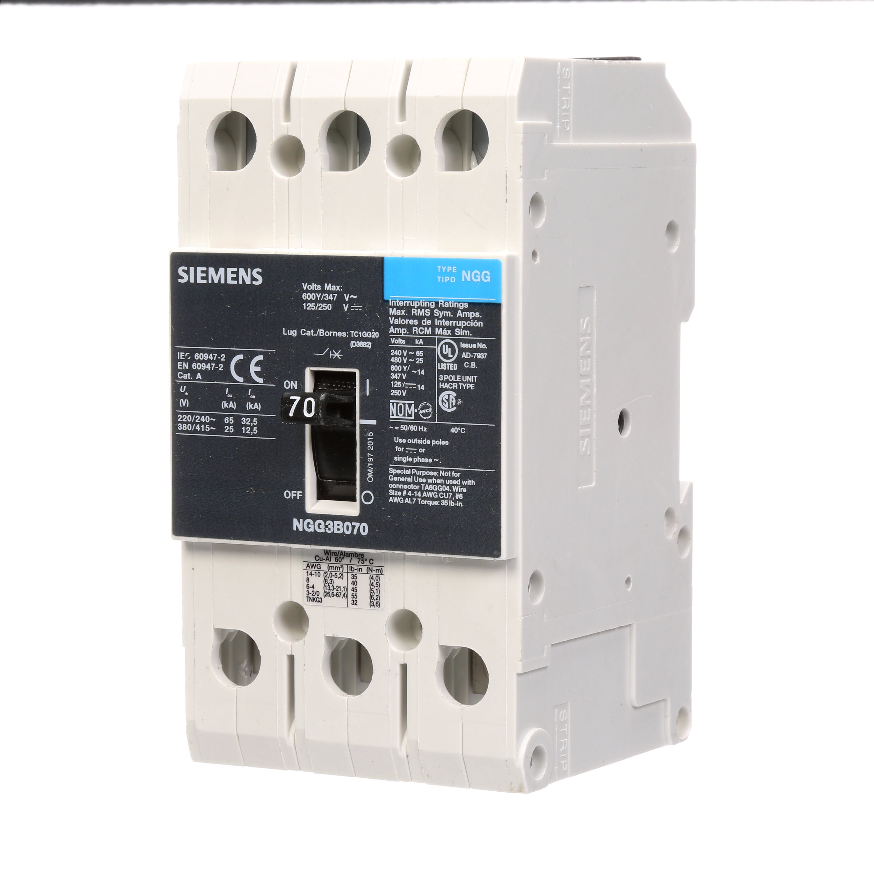 SIEMENS LOW VOLTAGE G FRAME CIRCUIT BREAKER WITH THERMAL - MAGNETIC TRIP. UL LISTED NGG FRAME WITH STANDARD BREAKING CAPACITY. 70A 3-POLE (14KAIC AT 600Y/347V)(25KAIC AT 480V). SPECIAL FEATURES MOUNTS ON DIN RAIL / SCREW, LINE AND LOAD SIDE LUGS (TC1GG20) WIRE RANGE 8 - 1/0 AWS (CU/AL). DIMENSIONS (W x H x D) IN 3 x 5.4 x 2.8.