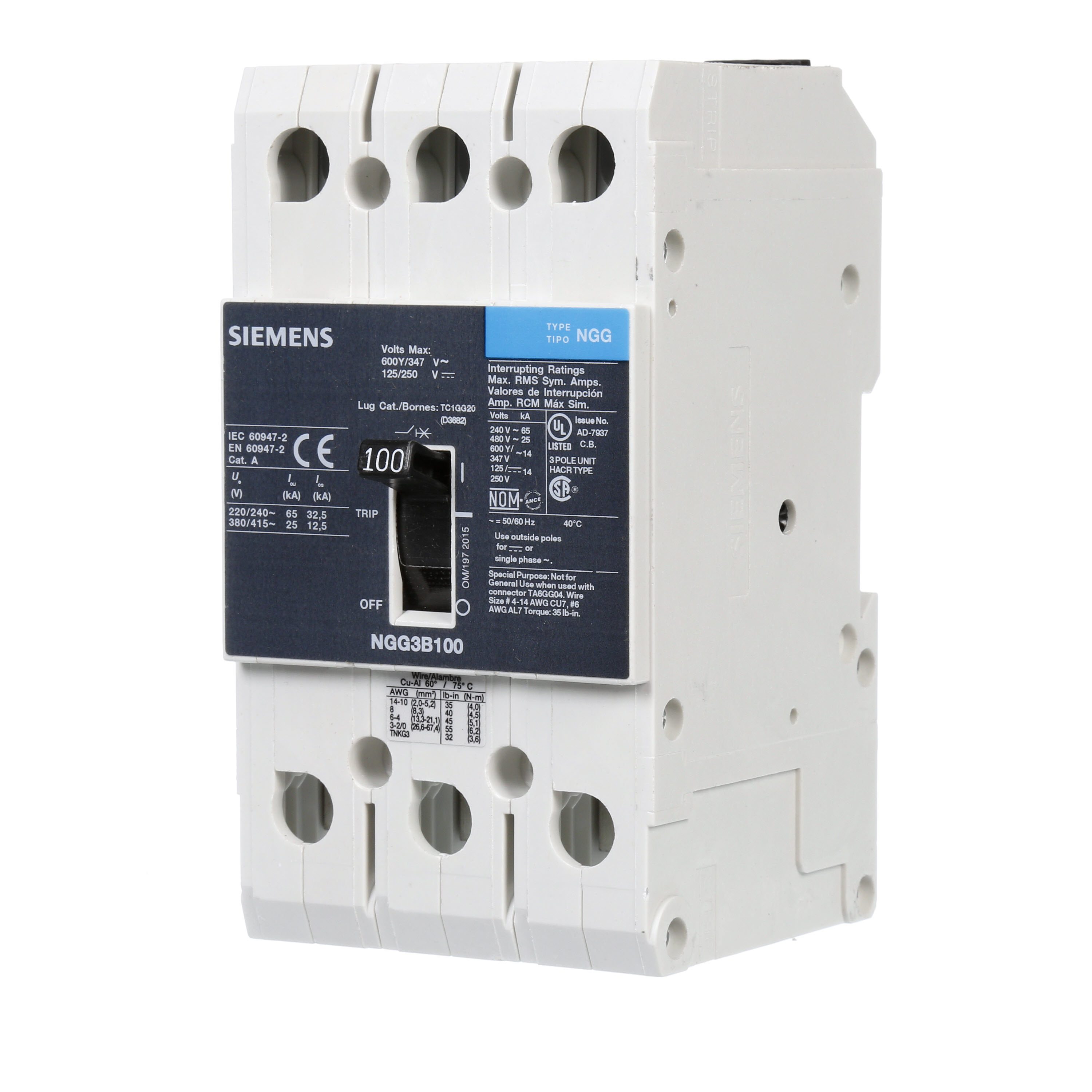 SIEMENS LOW VOLTAGE G FRAME CIRCUIT BREAKER WITH THERMAL - MAGNETIC TRIP. UL LISTED NGG FRAME WITH STANDARD BREAKING CAPACITY. 100A 3-POLE (14KAIC AT 600Y/347V) (25KAIC AT 480V). SPECIAL FEATURES MOUNTS ON DIN RAIL / SCREW, LINE AND LOAD SIDE LUGS (TC1GG20) WIRE RANGE 8 - 1/0 AWS (CU/AL). DIMENSIONS (W x H x D) IN 3 x5.4 x 2.8.