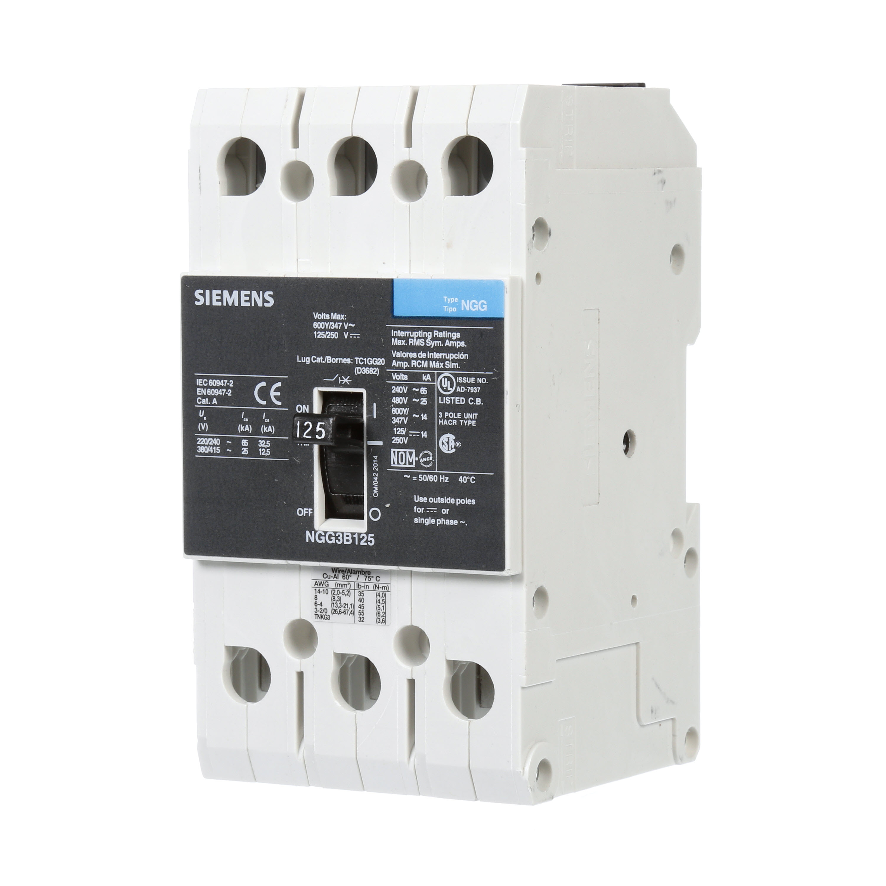 SIEMENS LOW VOLTAGE G FRAME CIRCUIT BREAKER WITH THERMAL - MAGNETIC TRIP. UL LISTED NGG FRAME WITH STANDARD BREAKING CAPACITY. 125A 3-POLE (14KAIC AT 600Y/347V) (25KAIC AT 480V). SPECIAL FEATURES MOUNTS ON DIN RAIL / SCREW, LINE AND LOAD SIDE LUGS (TC1GG20) WIRE RANGE 8 - 1/0 AWS (CU/AL). DIMENSIONS (W x H x D) IN 3 x5.4 x 2.8.