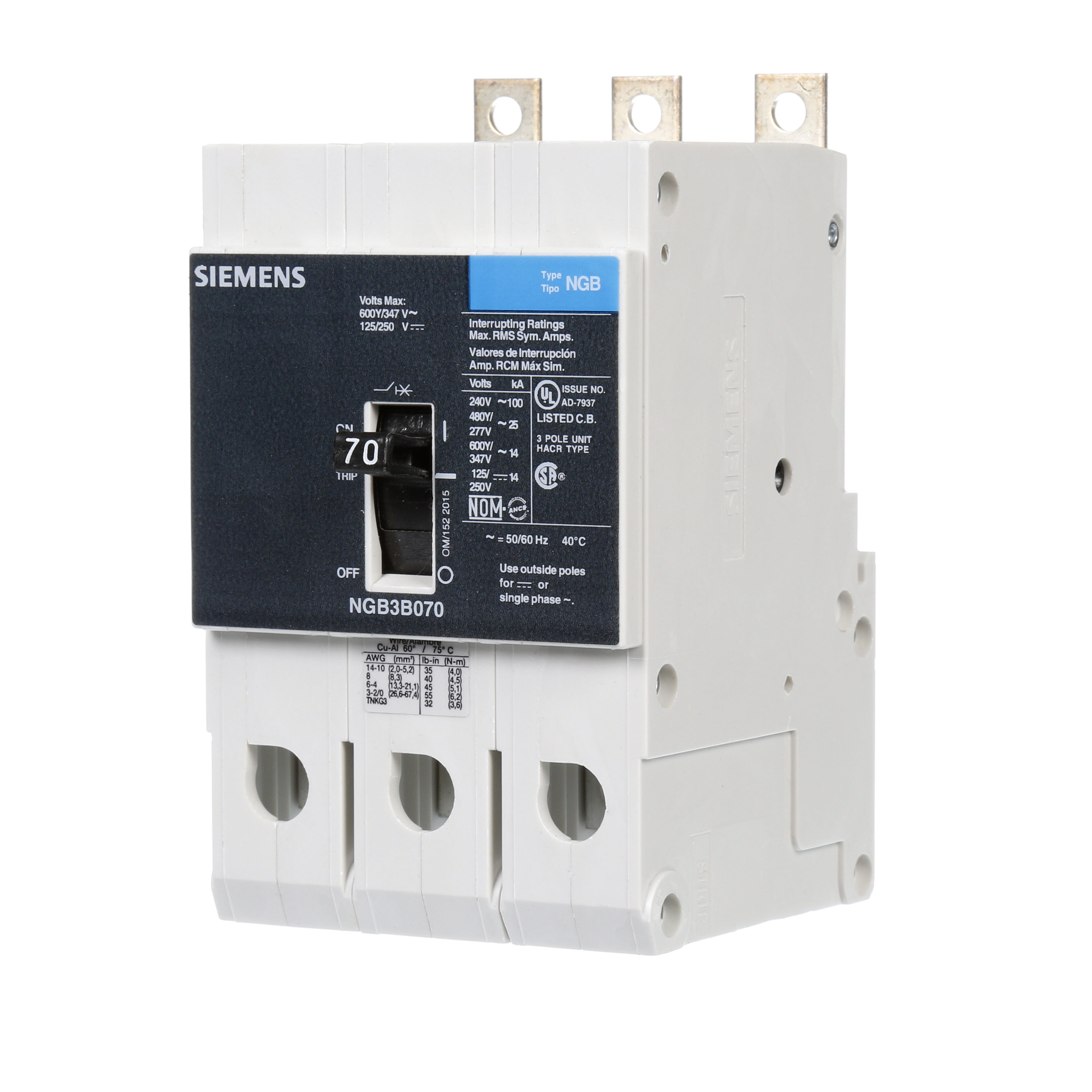 SIEMENS LOW VOLTAGE PANELBOARD MOUNT G FRAME CIRCUIT BREAKER WITH THERMAL - MAGNETIC TRIP. UL LISTED NGB FRAME WITH STANDARD BREAKING CAPACITY. 70A 3-POLE (14KAIC AT 600Y/347V) (25KAIC AT 480Y/277V). SPECIAL FEATURES MOUNTS ON PANELBOARD, NO LUGS, VALUE PACK. DIMENSIONS (W x H x D) IN 3 x 5.4 x 2.8.