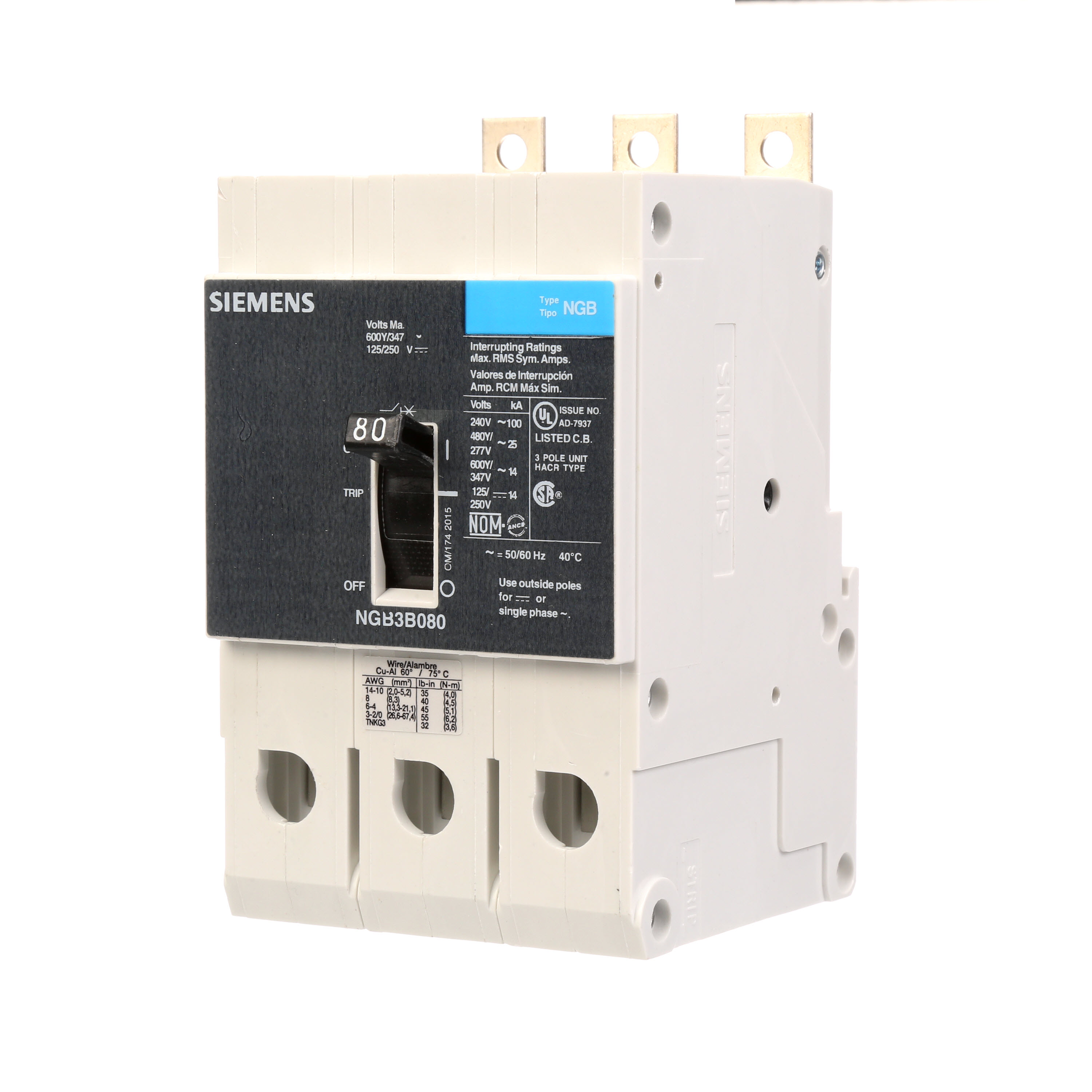 SIEMENS LOW VOLTAGE PANELBOARD MOUNT G FRAME CIRCUIT BREAKER WITH THERMAL - MAGNETIC TRIP. UL LISTED NGB FRAME WITH STANDARD BREAKING CAPACITY. 80A 3-POLE (14KAIC AT 600Y/347V) (25KAIC AT 480Y/277V). SPECIAL FEATURES MOUNTS ON PANELBOARD, NO LUGS, VALUE PACK. DIMENSIONS (W x H x D) IN 3 x 5.4 x 2.8.