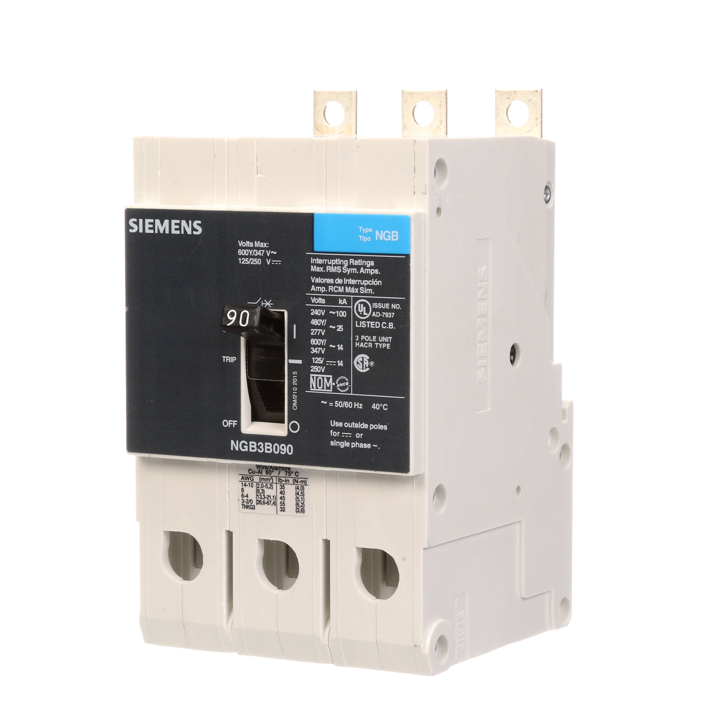 SIEMENS LOW VOLTAGE PANELBOARD MOUNT G FRAME CIRCUIT BREAKER WITH THERMAL - MAGNETIC TRIP. UL LISTED NGB FRAME WITH STANDARD BREAKING CAPACITY. 90A 3-POLE (14KAIC AT 600Y/347V) (25KAIC AT 480Y/277V). SPECIAL FEATURES MOUNTS ON PANELBOARD, NO LUGS, VALUE PACK. DIMENSIONS (W x H x D) IN 3 x 5.4 x 2.8.