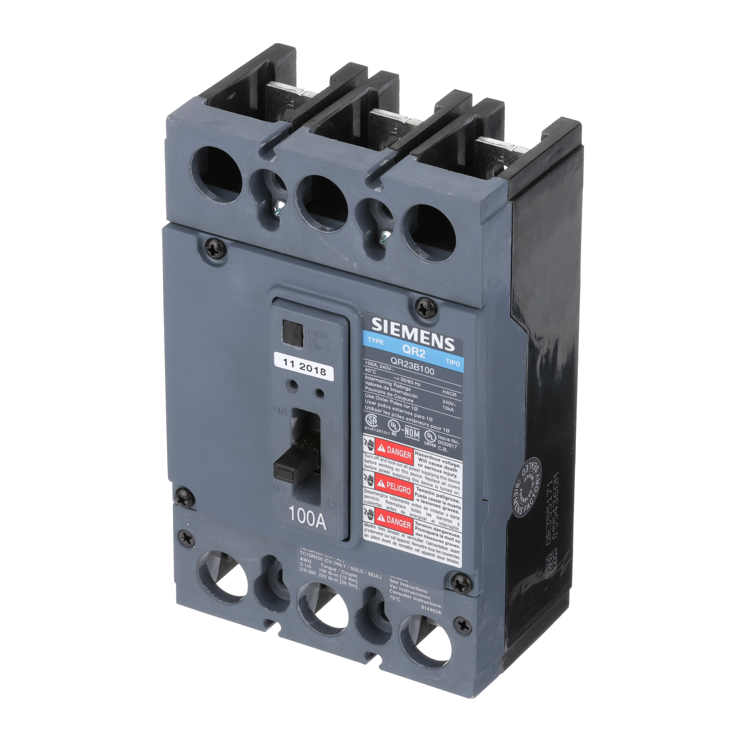 SIEMENS LOW VOLTAGE MOLDED CASE CIRCUIT BREAKER WITH THERMAL - MAGNETIC TRIP. QR FRAME STANDARD 40C BREAKER. 100A 3-POLE (10KA AT 240V). SPECIAL FEATURES NO LUGS INSTALLED.