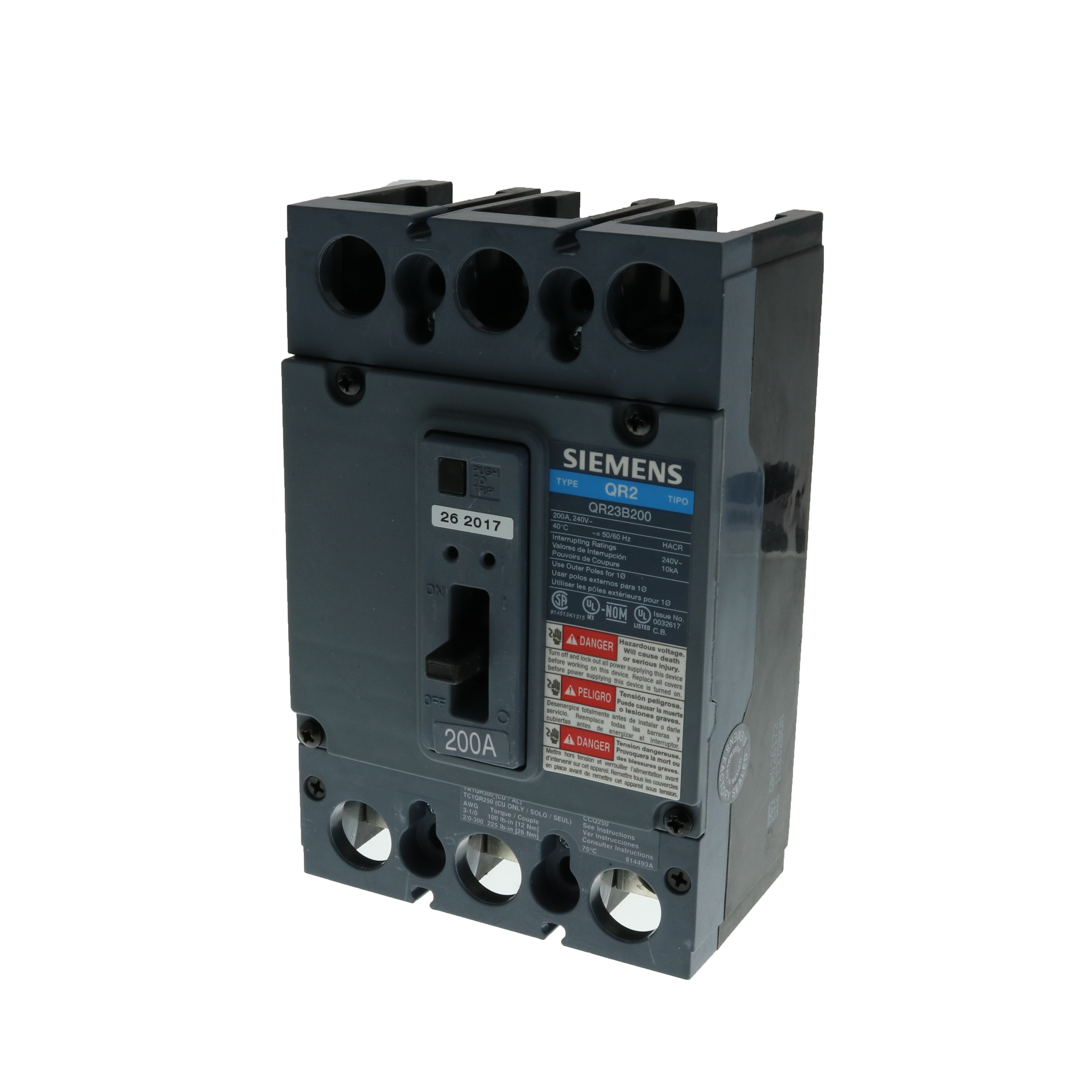 SIEMENS LOW VOLTAGE MOLDED CASE CIRCUIT BREAKER WITH THERMAL - MAGNETIC TRIP. QR FRAME STANDARD 40C BREAKER. 200A 3-POLE (10KA AT 240V). SPECIAL FEATURES NO LUGS INSTALLED.