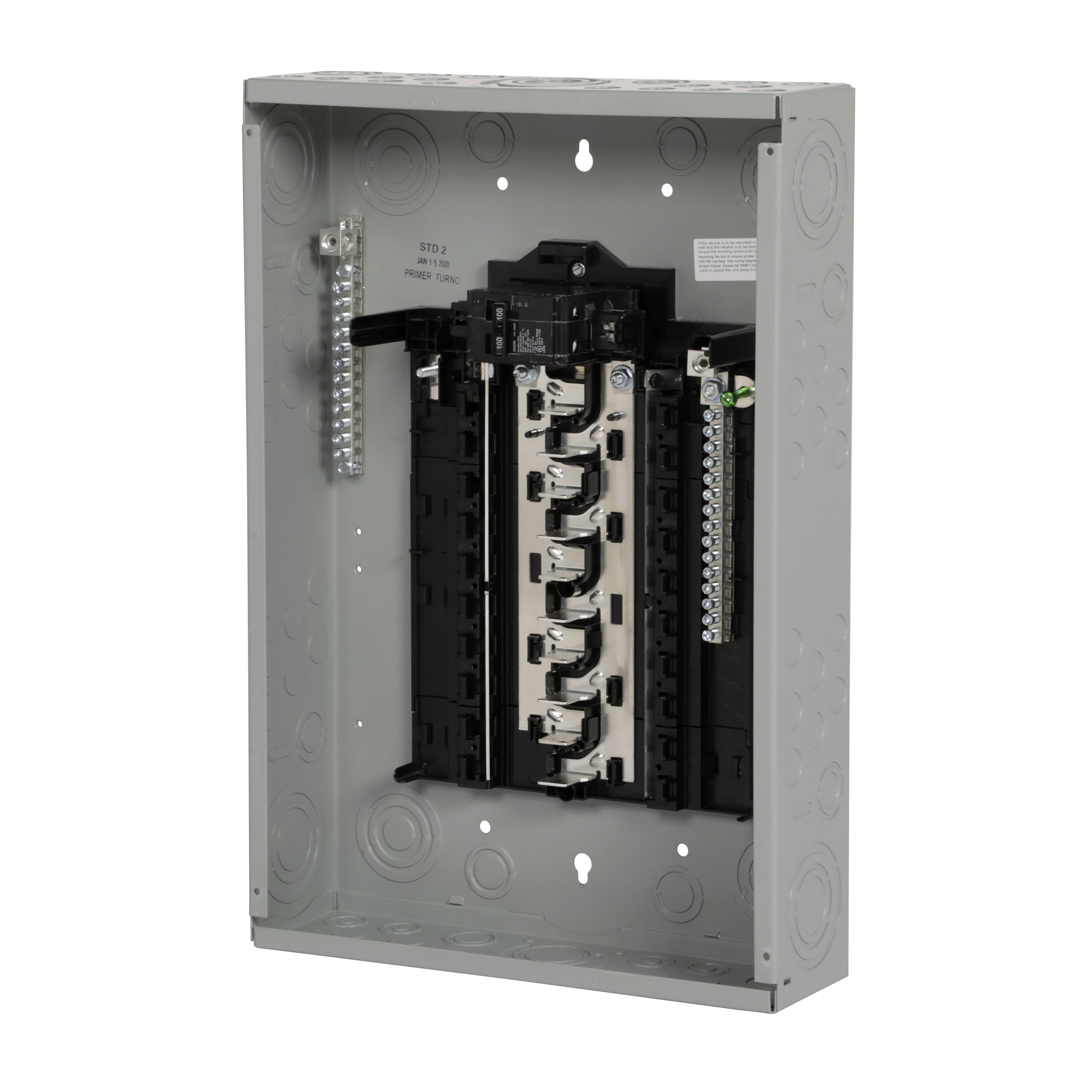 SIEMENS LOW VOLTAGE PLUG-ON NEUTRAL READY STANDARD SERIES ASSEMBLED LOAD CENTER. MAIN BREAKER WITH 20 1-INCH SPACES ALLOWING MAX 20 CIRCUITS. 1-PHASE 3-WIRE SYSTEM RATED 120/240V (100A) 22KAIC. SPECIAL FEATURES ALUMINUM BUS, GREY TRIM NEMATYPE 1 ENCLOSURE FOR INDOOR USE.