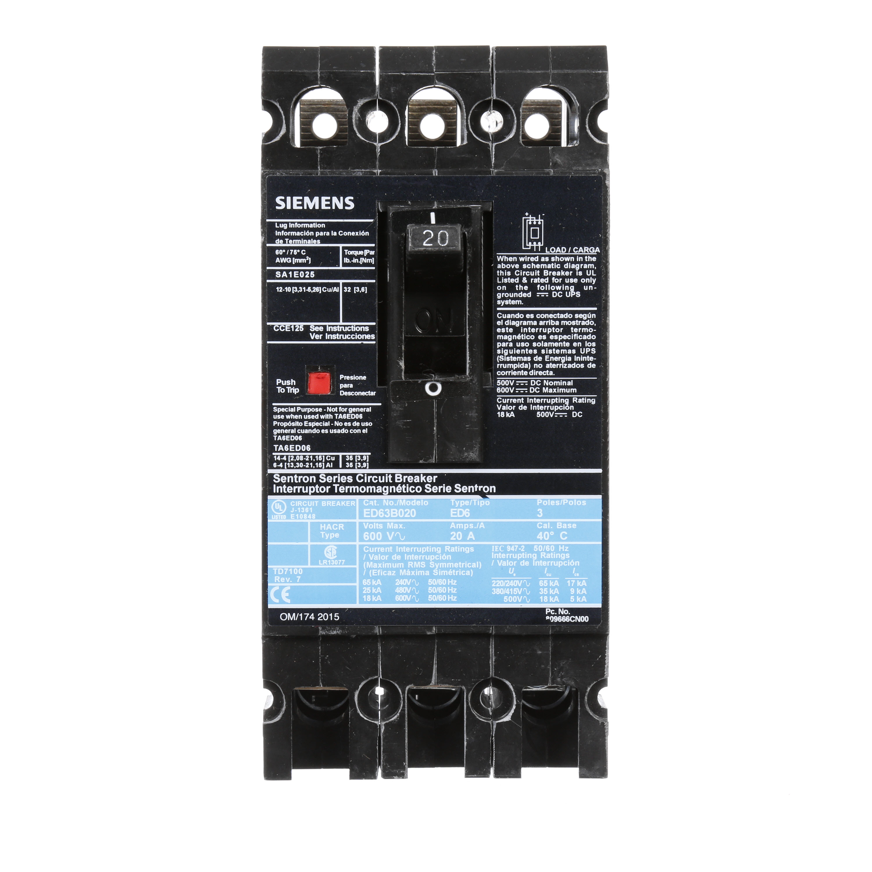 Siemens Circuit Breaker ED63B020 20 Amp 600 Volt 3 Pole 