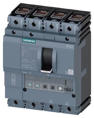 SIEMENS LOW VOLTAGE 3VA IEC MOLDED CASE CIRCUIT BREAKER WITH ELECTRONIC TRIP UNIT. 3VA20 FRAME WITH HIGH (CLASS H) BREAKING CAPACITY. 25A 4-POLE Icu (2KAIC AT 690V) (85KAIC AT 415V). ETU350 TRIP UNIT LSI. SPECIAL FEATURES CONNECTION WITH BOX TERMINAL / STEEL WRAP AROUND LUG. DIMENSIONS (W x H x D) IN 5.5 x 7.1 x 4.2.