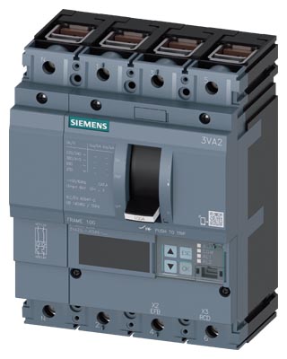 SIEMENS LOW VOLTAGE 3VA IEC MOLDED CASE CIRCUIT BREAKER WITH ELECTRONIC TRIP UNIT. 3VA20 FRAME WITH EXTREMELY HIGH (CLASS L) BREAKING CAPACITY. 63A 4-POLE Icu (24KAIC AT 690V) (150KAIC AT 415V). ETU860 TRIP UNIT LCD LSIG WITH METERING. SPECIAL FEATURES CONNECTION WITH BOX TERMINAL / STEEL WRAP AROUND LUG. DIMENSIONS (W x H x D) IN 5.5 x 7.1 x 4.2.