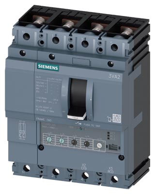 SIEMENS LOW VOLTAGE 3VA IEC MOLDED CASE CIRCUIT BREAKER WITH ELECTRONIC TRIP UNIT. 3VA21 FRAME WITH MEDIUM (CLASS M) BREAKING CAPACITY. 160A 4-POLE Icu (2.5KAIC AT 690V) (55KAIC AT 415V). ETU330 TRIP UNIT LIG. SPECIAL FEATURES CONNECTION WITH LUG TERMINAL / NUT KEEPER. DIMENSIONS (W x H x D) IN 5.5 x 7.1 x 4.2.