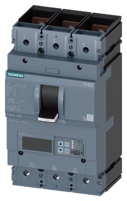 SIEMENS LOW VOLTAGE 3VA IEC MOLDED CASE CIRCUIT BREAKER WITH ELECTRONIC TRIP UNIT. 3VA23 FRAME WITH VERY HIGH (CLASS C) BREAKING CAPACITY. 400A 3-POLE Icu (5KAIC AT 690V) (110KAIC AT 415V). ETU550 TRIP UNIT LCD LSI. SPECIAL FEATURES CONNECTION WITH LUG TERMINAL / NUT KEEPER. DIMENSIONS (W x H x D) IN 5.4 x 9.8 x 5.4.