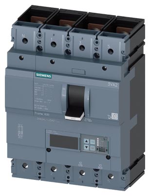 SIEMENS LOW VOLTAGE 3VA IEC MOLDED CASE CIRCUIT BREAKER WITH ELECTRONIC TRIP UNIT. 3VA24 FRAME WITH MEDIUM (CLASS M) BREAKING CAPACITY. 500A 4-POLE Icu (6KAIC AT 690V) (55KAIC AT 415V). ETU560 TRIP UNIT LCD LSIG. SPECIAL FEATURES CONNECTION WITH LUG TERMINAL / NUT KEEPER. DIMENSIONS (W x H x D) IN 7.2 x 9.8 x 5.4.