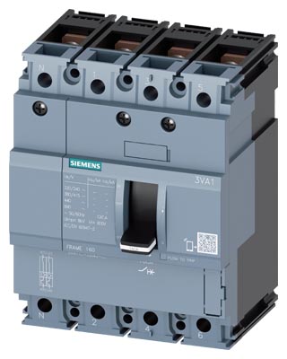 SIEMENS LOW VOLTAGE 3VA IEC MOLDED CASE CIRCUIT BREAKER WITH THERMAL - MAGNETICTRIP UNIT. 3VA11 FRAME WITH HIGH (CLASS H) BREAKING CAPACITY. 100A 4-POLE Icu (10KAIC AT 690V) (70KAIC AT 415V). TM220 TRIP UNIT WITH FIXED Ir FIXED Ii 100PCT NEUTRAL PROTECTION. SPECIAL FEATURES CONNECTION WITH LUG TERMINAL / NUT KEEPER. DIMENSIONS (W x H x D) IN 4 x 5.1 x 3.5.