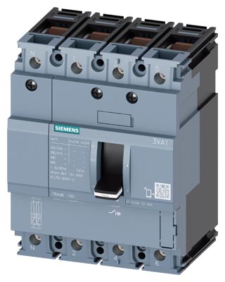 SIEMENS LOW VOLTAGE 3VA IEC MOLDED CASE CIRCUIT BREAKER WITH THERMAL - MAGNETICTRIP UNIT. 3VA11 FRAME WITH STANDARD (CLASS S) BREAKING CAPACITY. 25A 4-POLE Icu (7KAIC AT 690V) (36KAIC AT 415V). TM220 TRIP UNIT WITH FIXED Ir FIXED Ii 100PCT NEUTRAL PROTECTION. SPECIAL FEATURES CONNECTION WITH BOX TERMINAL / STEEL WRAPAROUND LUG. DIMENSIONS (W x H x D) IN 4 x 5.1 x 3.5.
