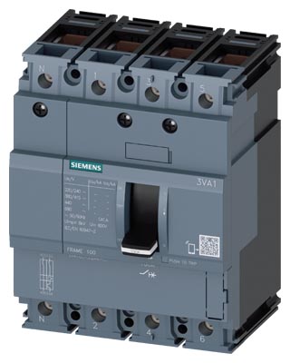 SIEMENS LOW VOLTAGE 3VA IEC MOLDED CASE CIRCUIT BREAKER WITH THERMAL - MAGNETICTRIP UNIT. 3VA10 FRAME WITH LOW (CLASS N) BREAKING CAPACITY. 16A 4-POLE Icu (5KAIC AT 690V) (25KAIC AT 415V). TM210 TRIP UNIT WITH FIXED Ir FIXED Ii. SPECIAL FEATURES CONNECTION WITH BOX TERMINAL / STEEL WRAP AROUND LUG. DIMENSIONS (W x H x D) IN 4 x 5.1 x 3.5.
